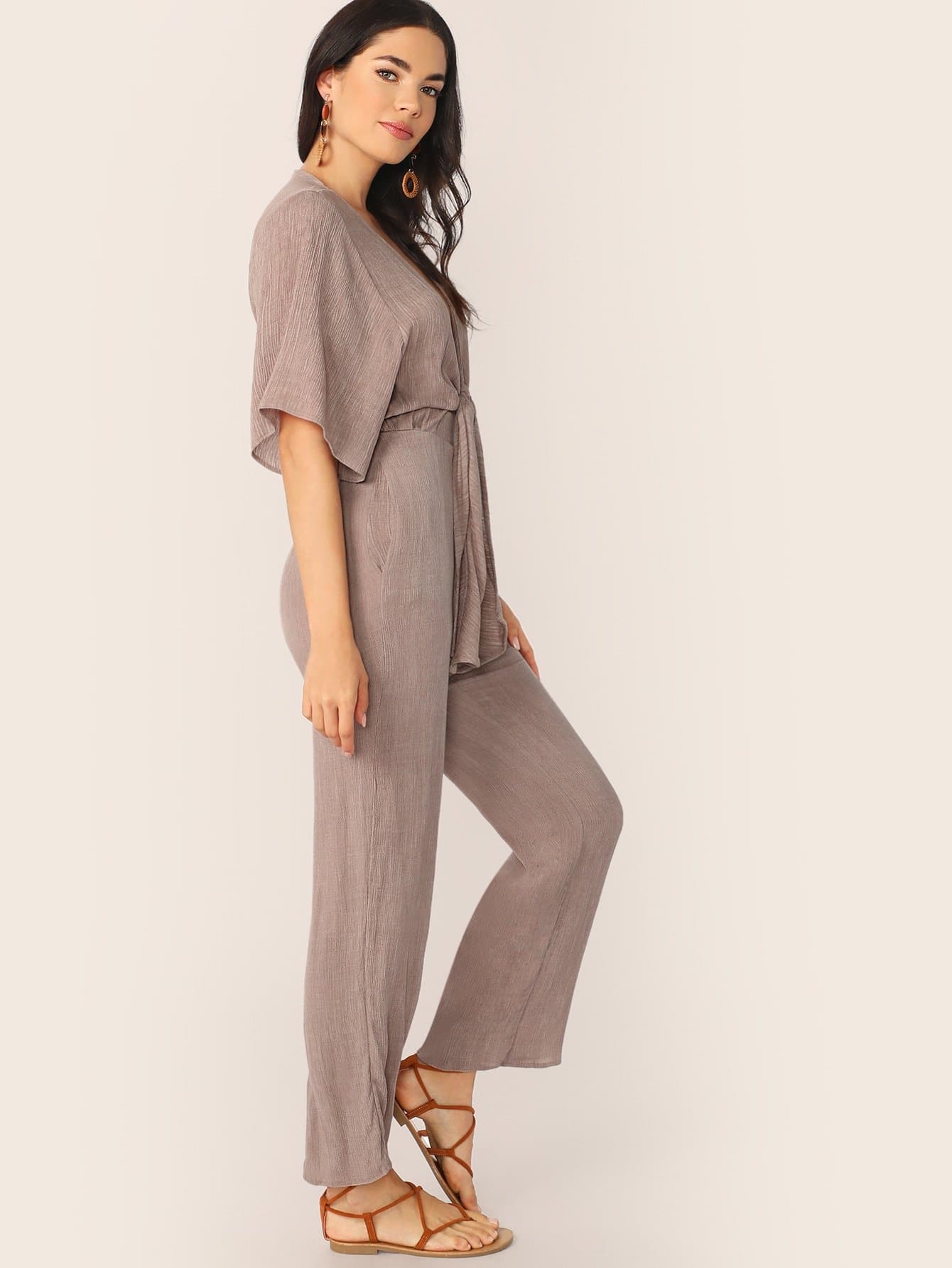 Purple V-Neck Tie Front Short Sleeve Gauze Jumpsuit