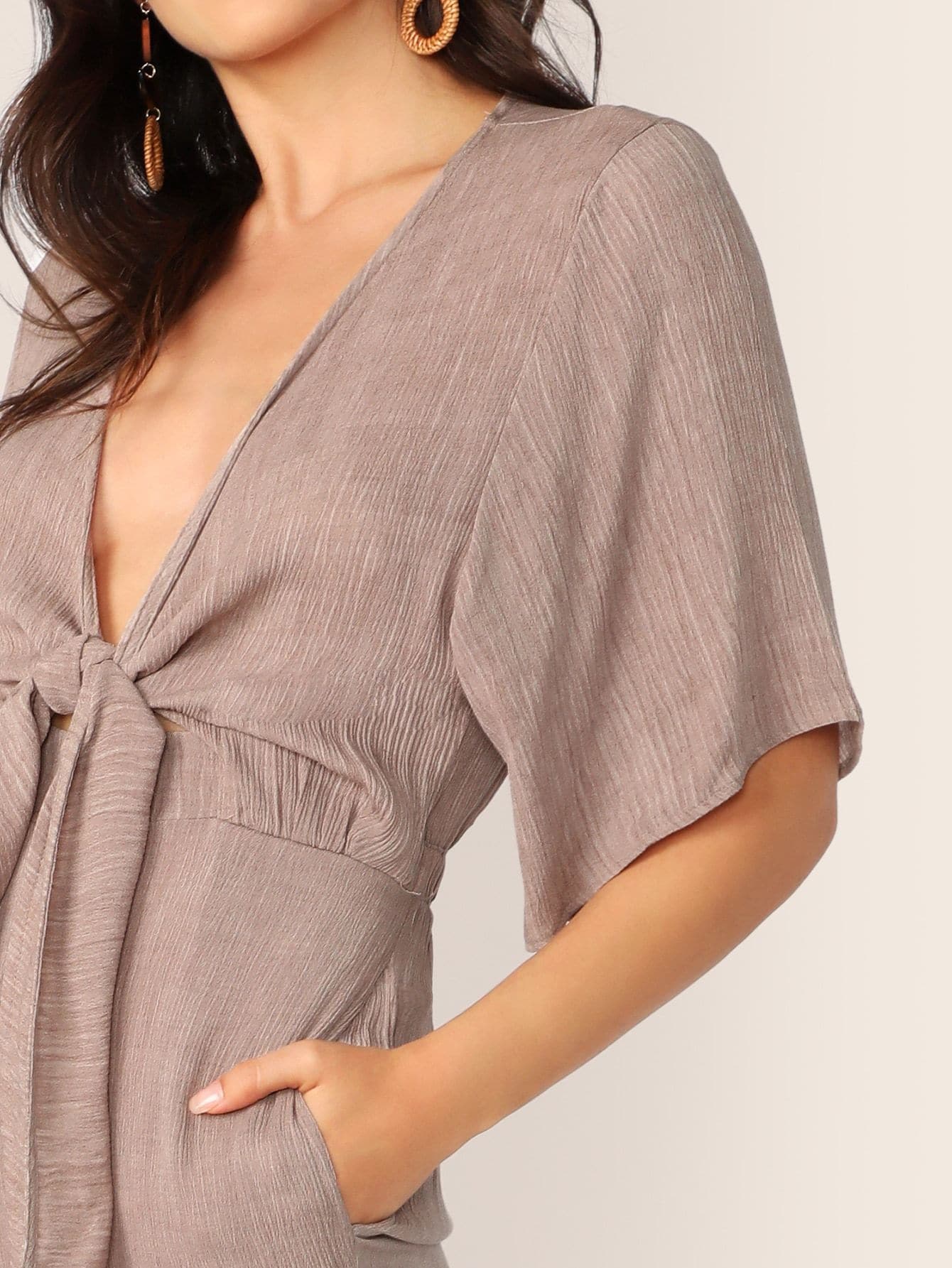 Purple V-Neck Tie Front Short Sleeve Gauze Jumpsuit