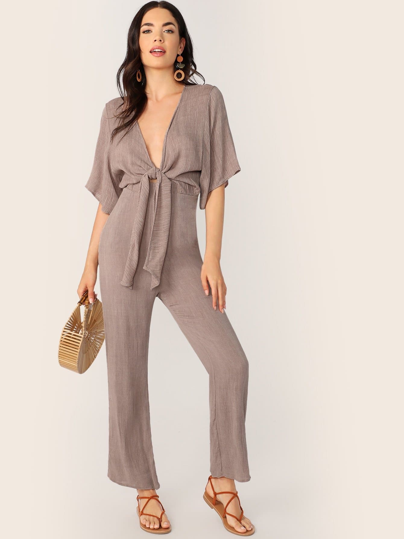 Purple V-Neck Tie Front Short Sleeve Gauze Jumpsuit