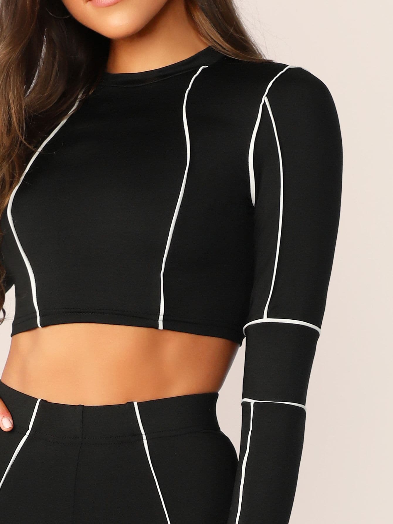 Black and White Contrast Trim Stretch Crop Top And Leggings Set