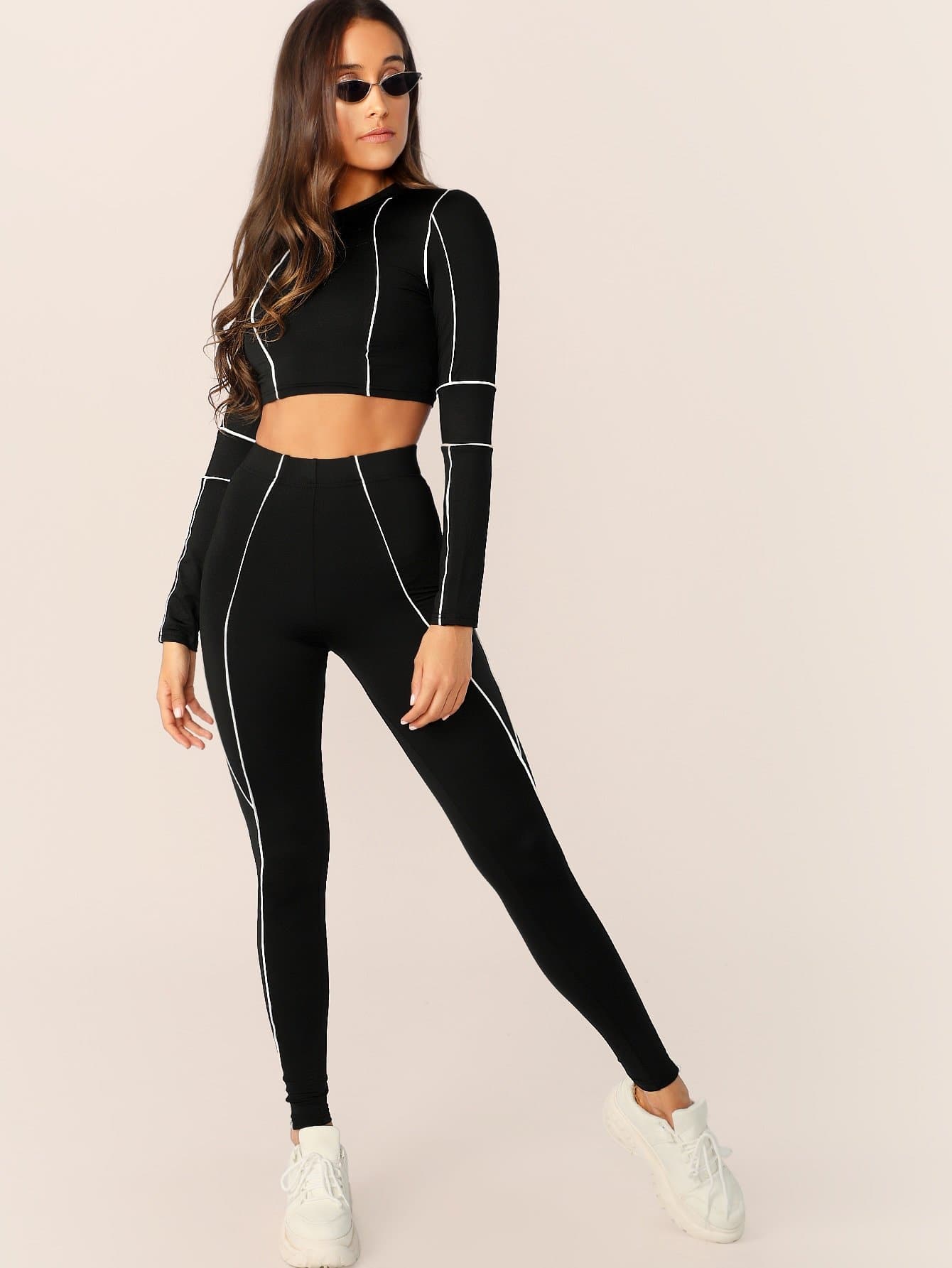 Black and White Contrast Trim Stretch Crop Top And Leggings Set
