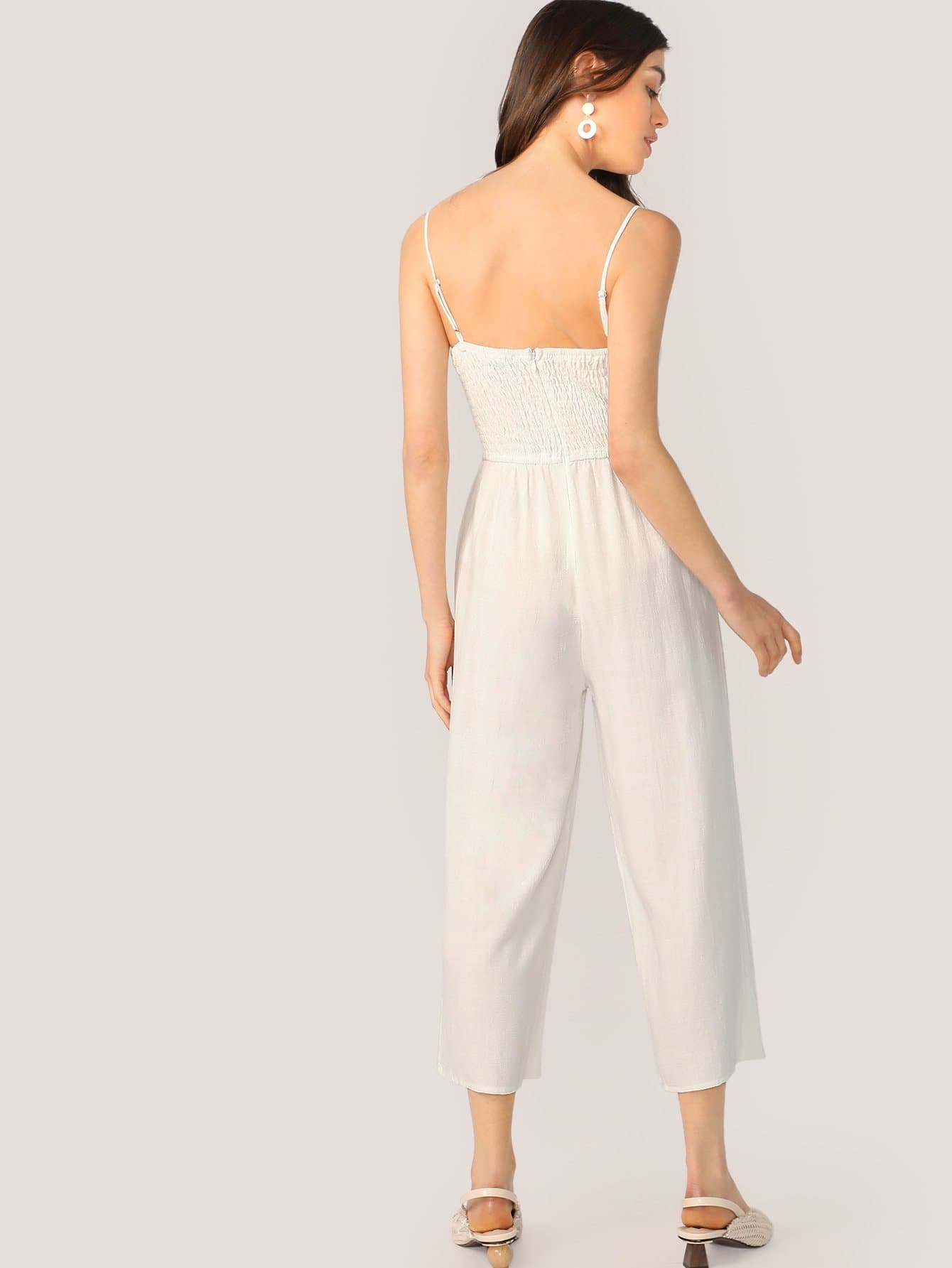 White Sleeveless Spaghetti Strap Tie Front Cut Out Jumpsuit