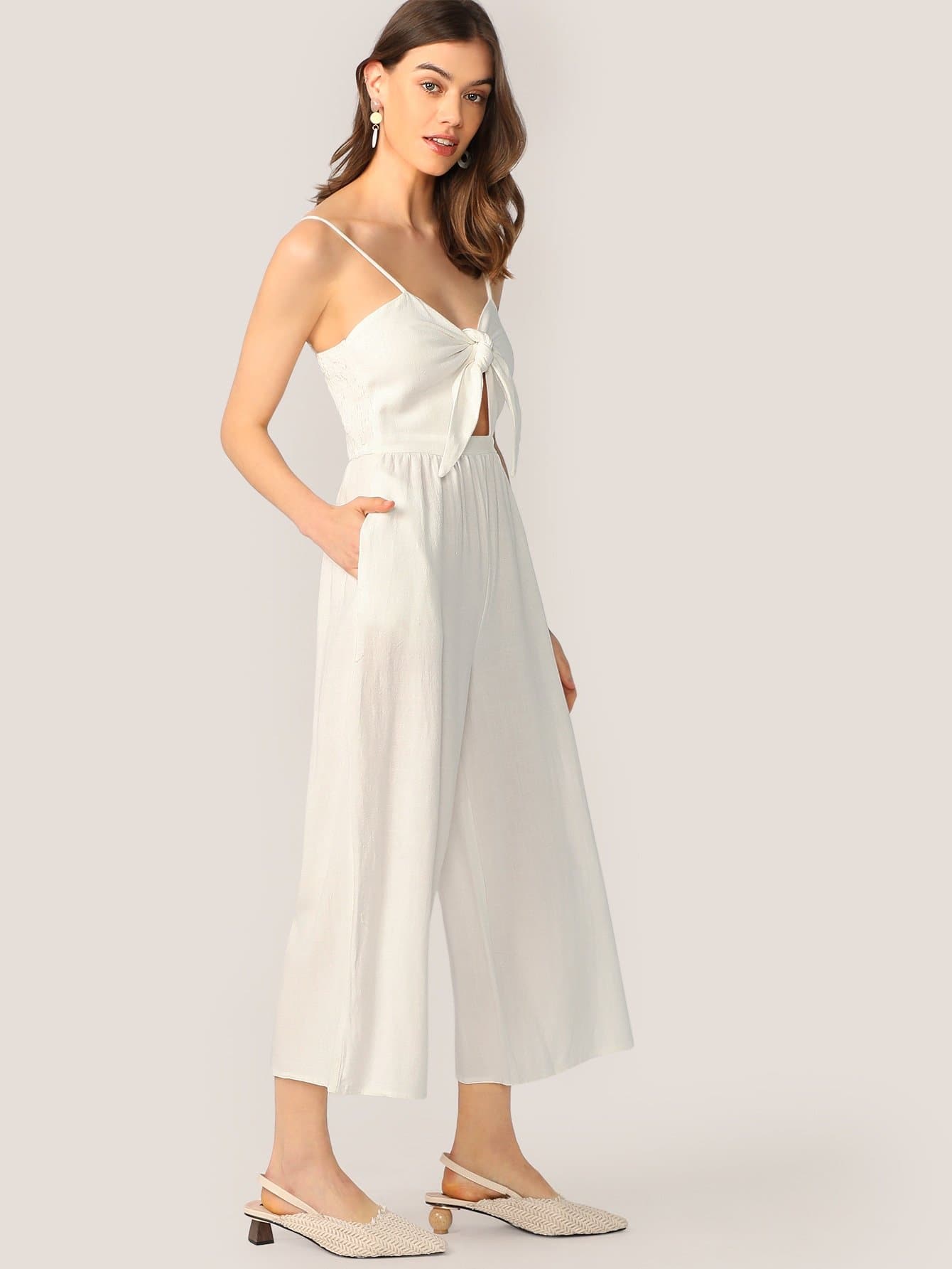 White Sleeveless Spaghetti Strap Tie Front Cut Out Jumpsuit
