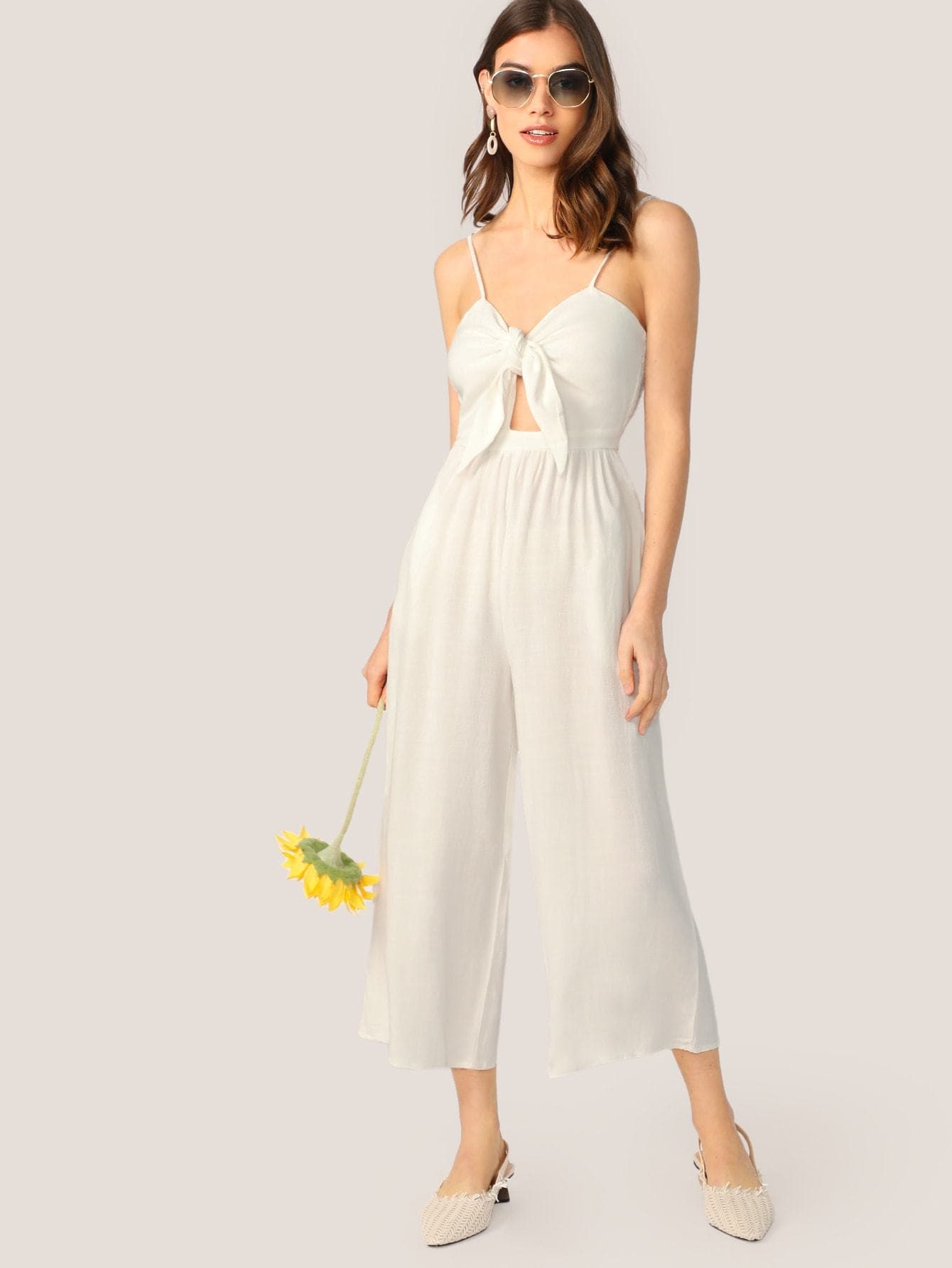 White Sleeveless Spaghetti Strap Tie Front Cut Out Jumpsuit