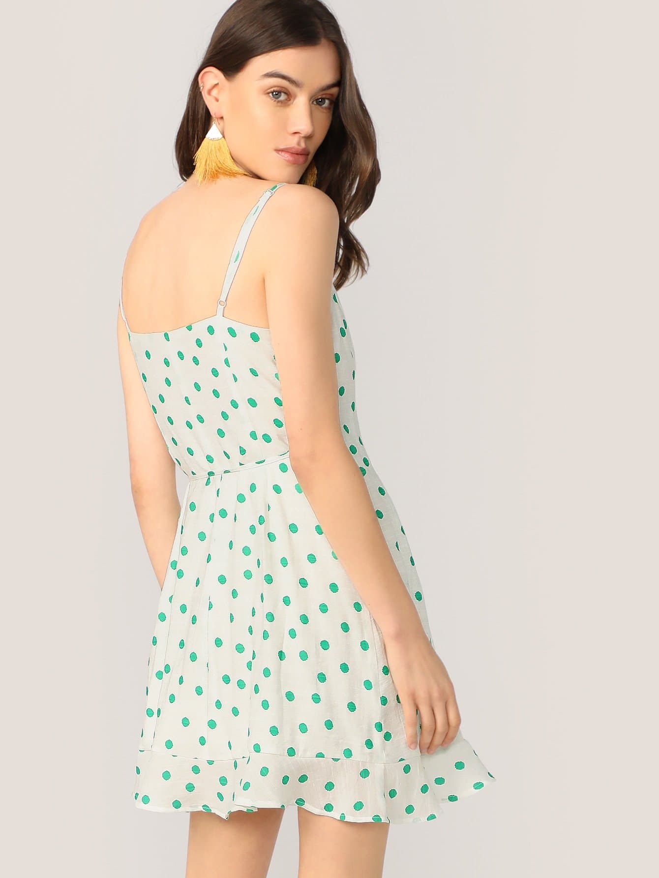 Sleeveless Polka Dot Spaghetti Strap Wrap Front Ruffle Dress