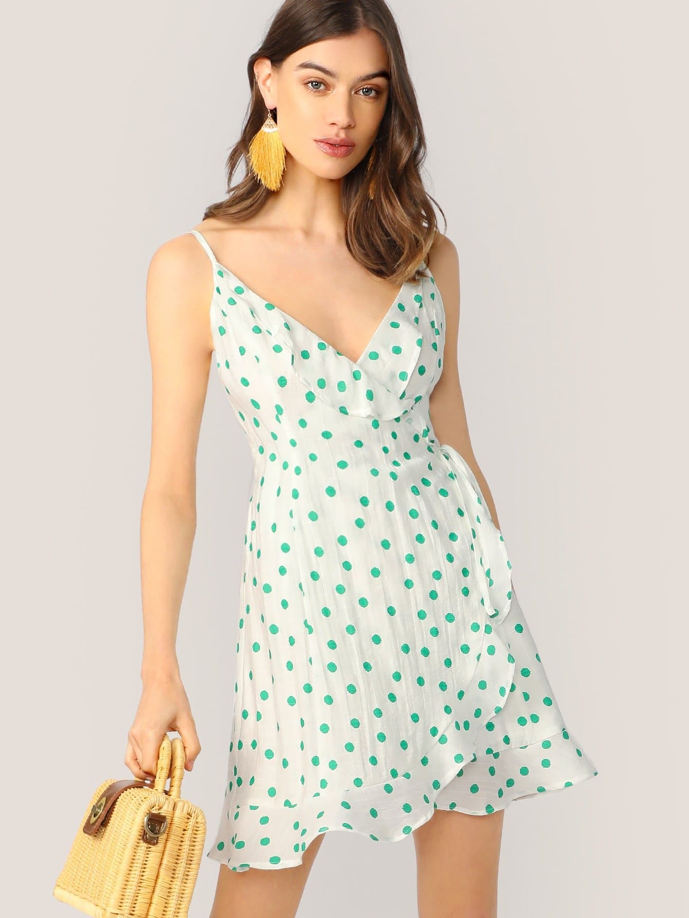 Sleeveless Polka Dot Spaghetti Strap Wrap Front Ruffle Dress