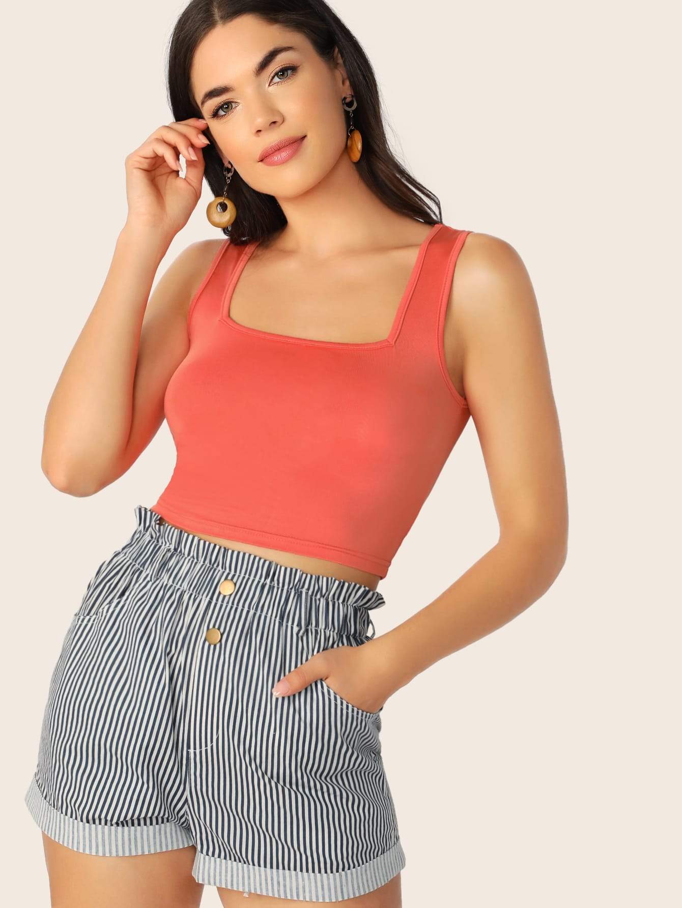 Slim Fit Square Neck Solid Tank Top