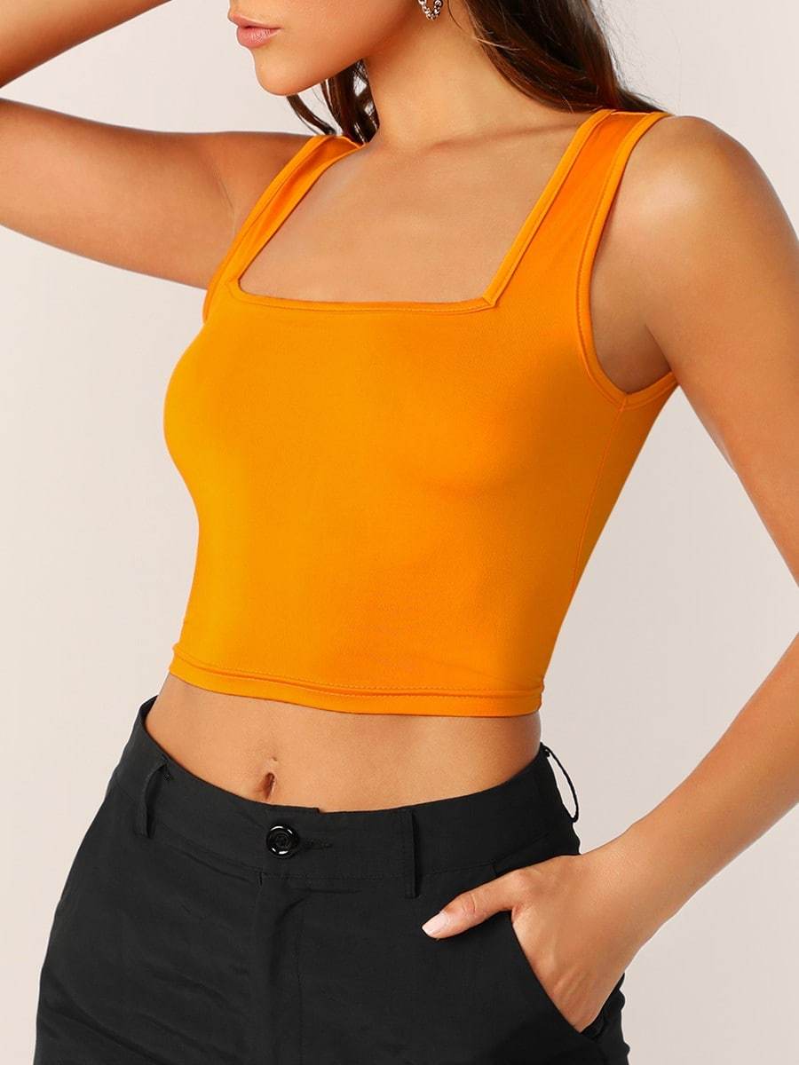 Slim Fit Square Neck Solid Tank Top