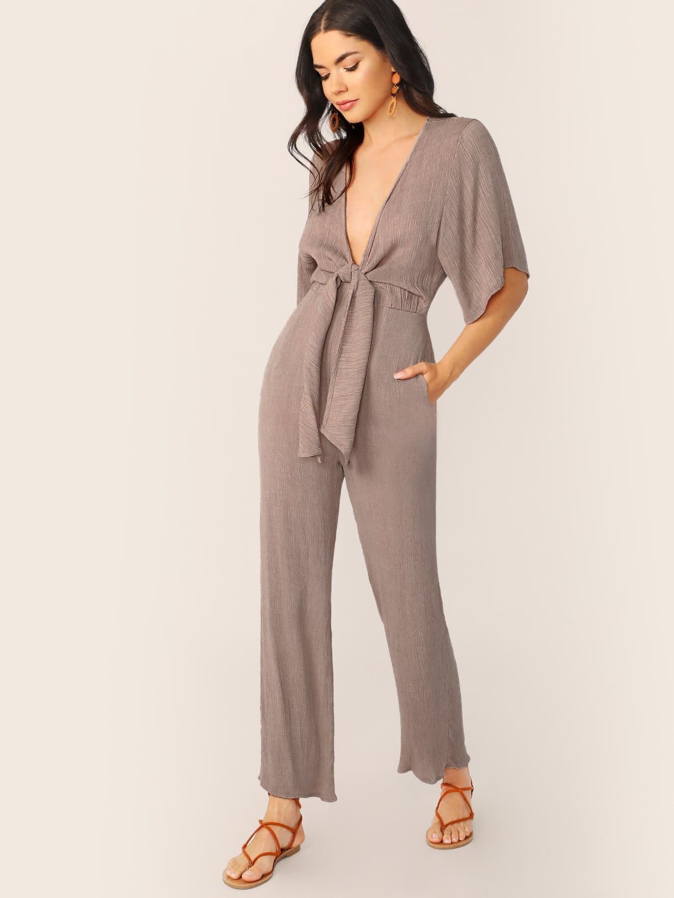 Purple V-Neck Tie Front Short Sleeve Gauze Jumpsuit