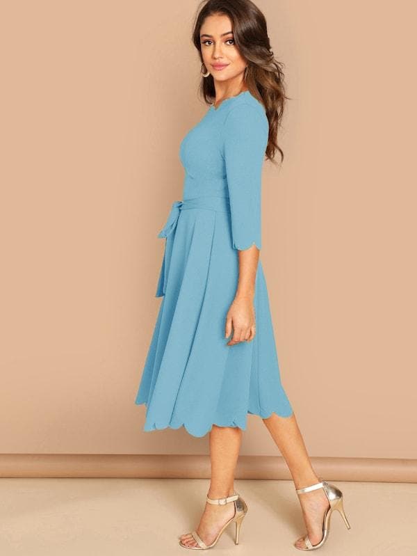 Round NeckThree Quarter Sleeve Scallop Trim Belted Fit & Flare Dress