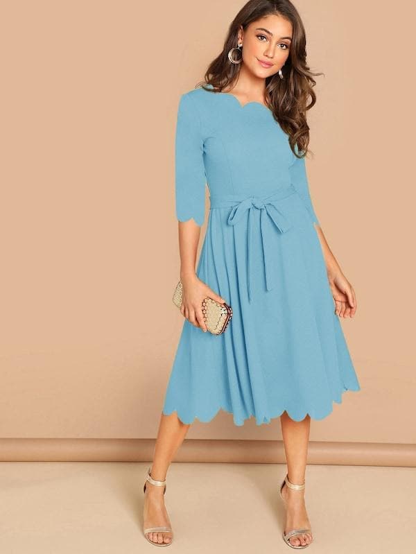 Round NeckThree Quarter Sleeve Scallop Trim Belted Fit & Flare Dress