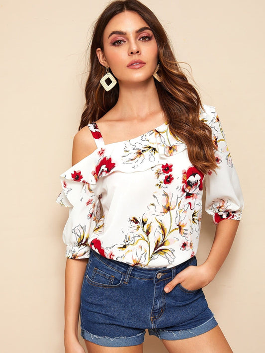 White Half Sleeve Floral Print Ruffle Trim Asymmetrical Neck Blouse Top