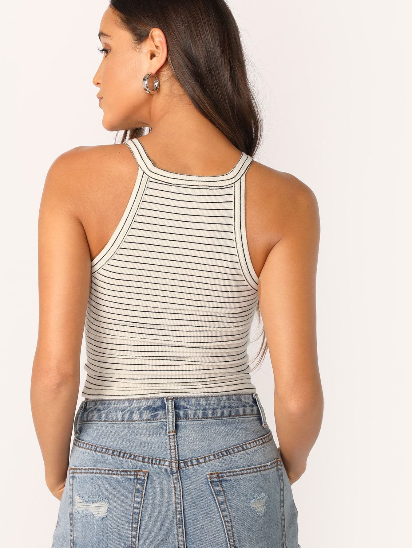 Black and White Striped Rib-knit Halter Slim Fit Top