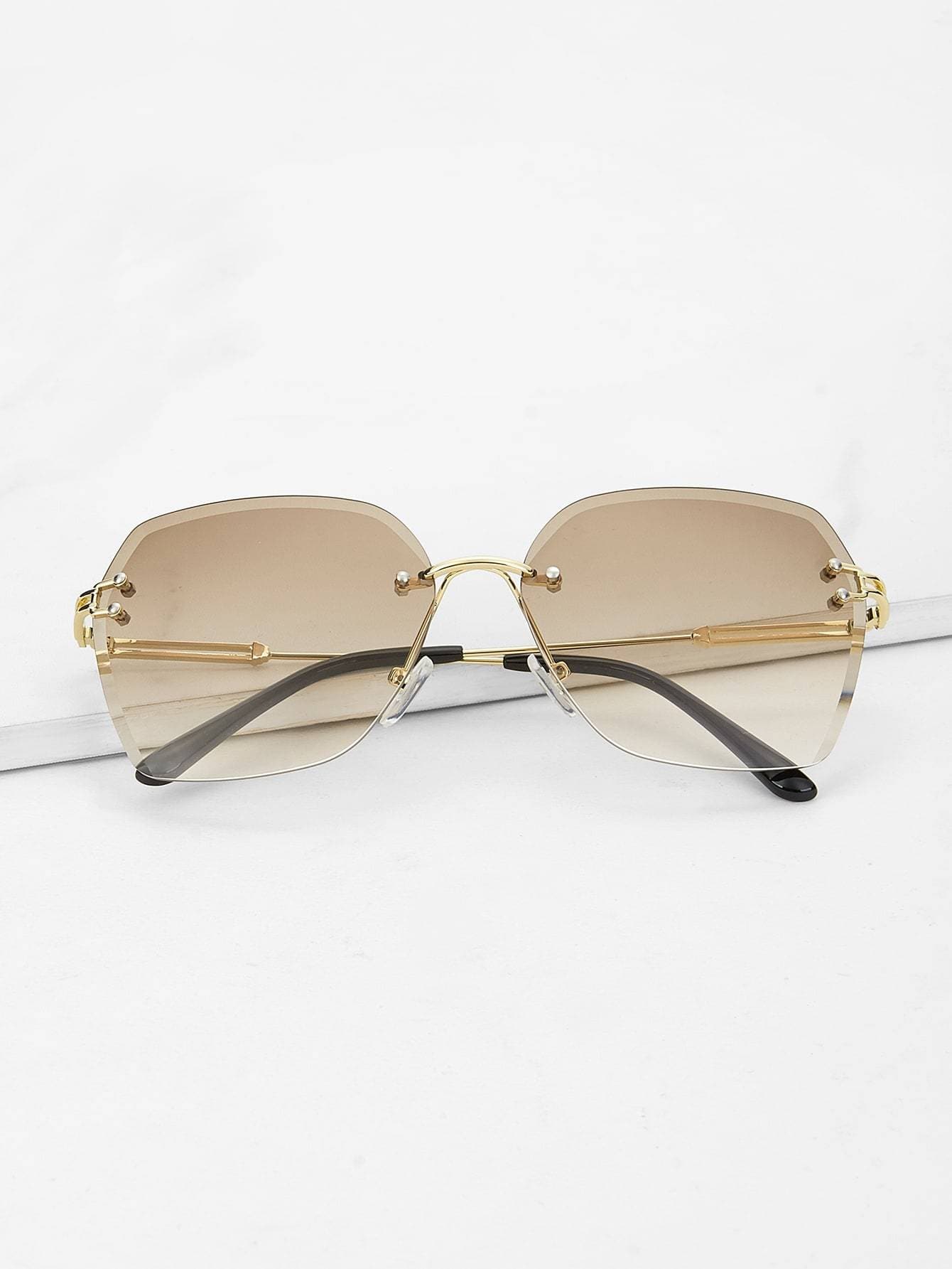Brown Metal Detail Rimless Sunglasses