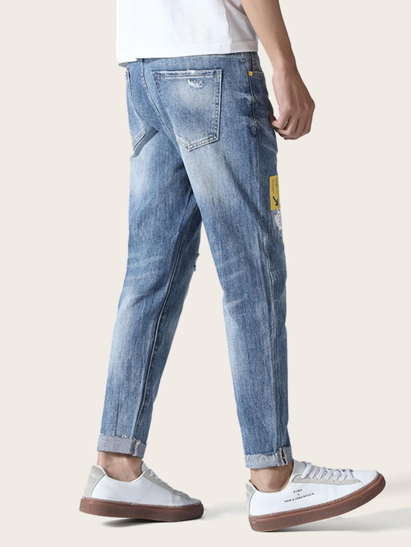 Blue Straight Leg Button Fly Contrast Side Ripped Jeans