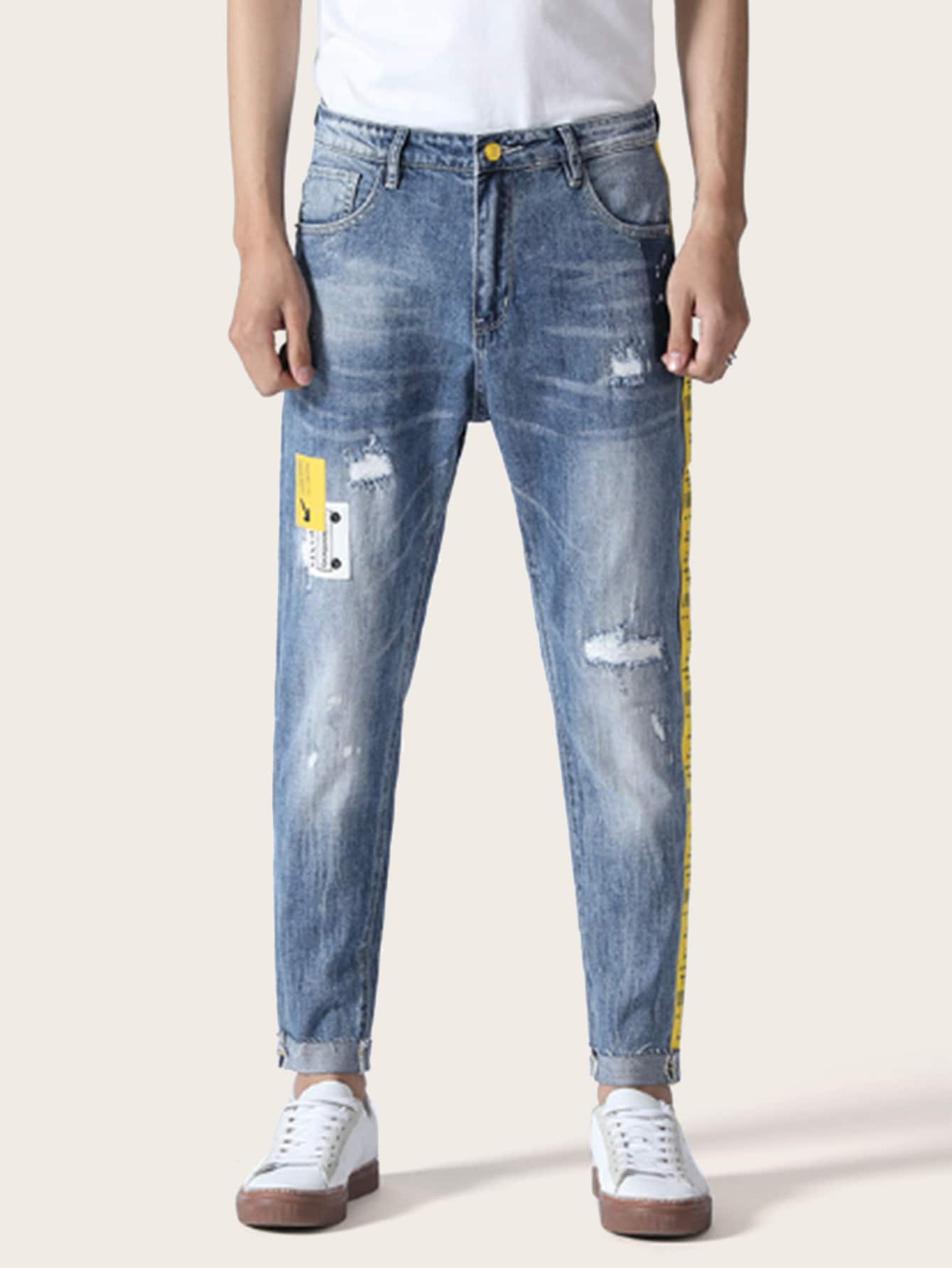 Blue Straight Leg Button Fly Contrast Side Ripped Jeans