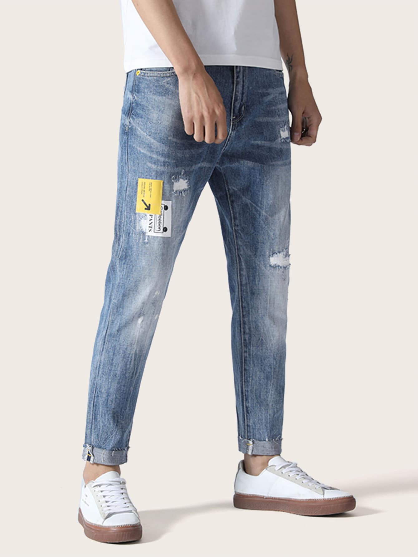 Blue Straight Leg Button Fly Contrast Side Ripped Jeans