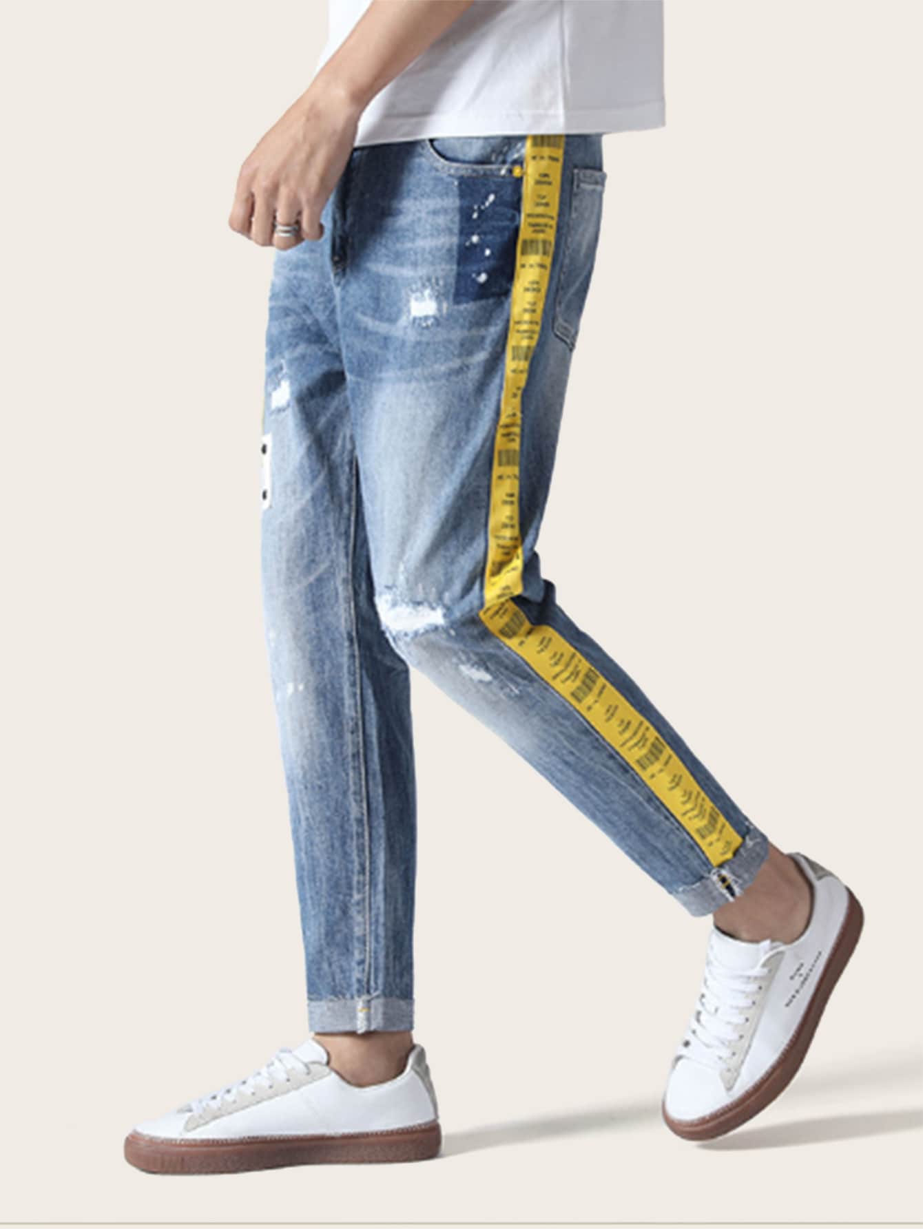 Blue Straight Leg Button Fly Contrast Side Ripped Jeans
