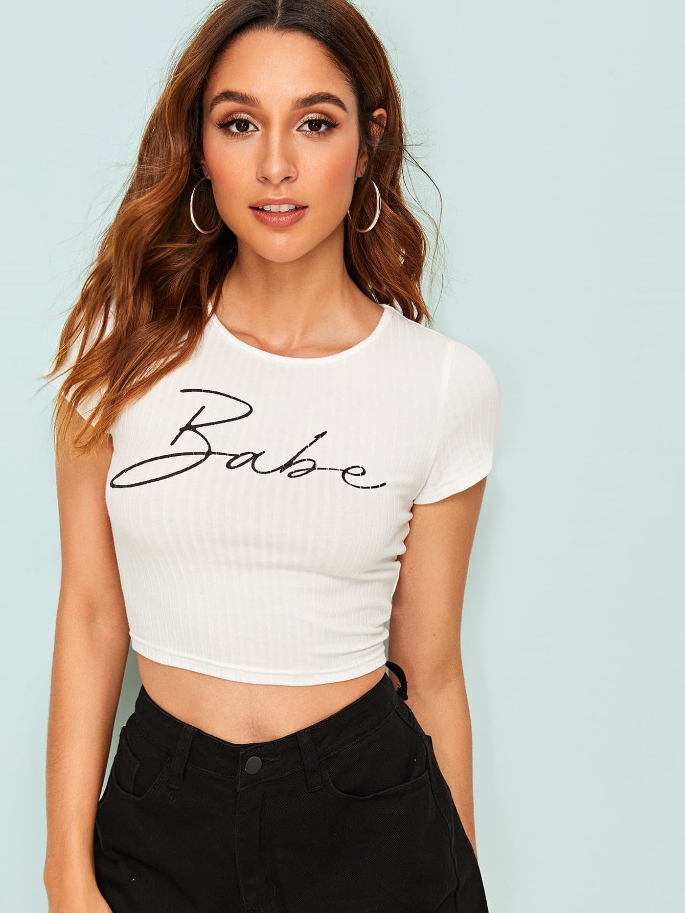 Slim Fit Cap Sleeve Round Neck Letter Print Rib-knit Crop Top