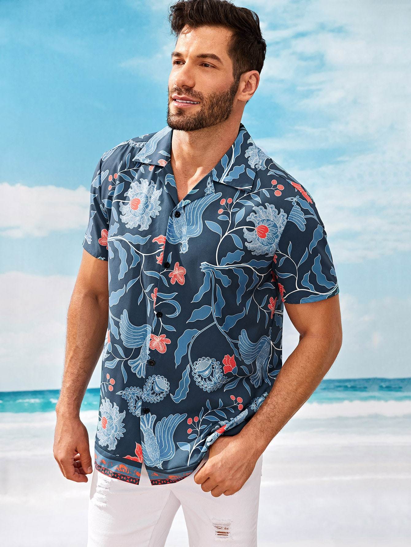 Blue Notched Short Sleeve Floral Print Shirt