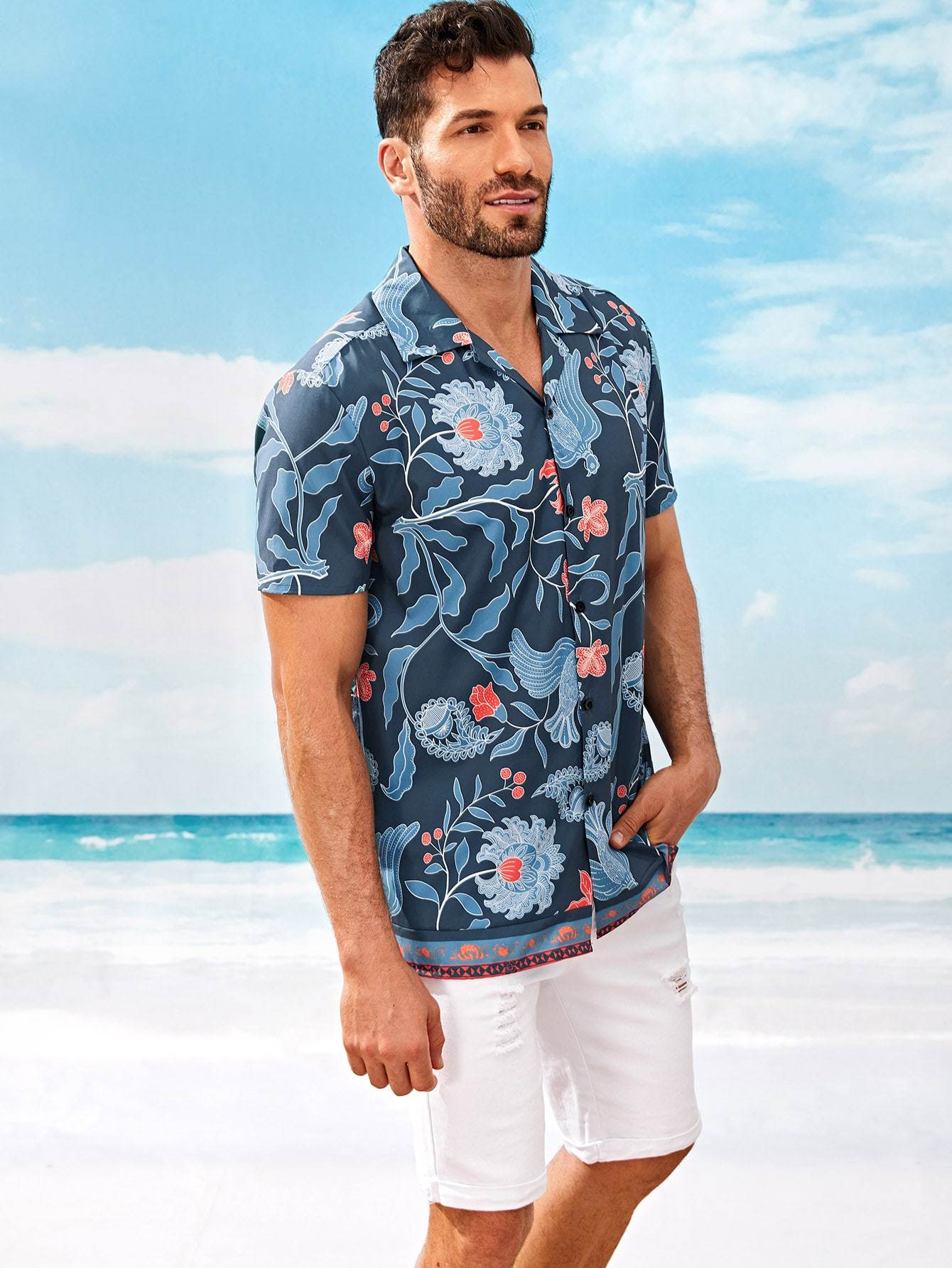 Blue Notched Short Sleeve Floral Print Shirt