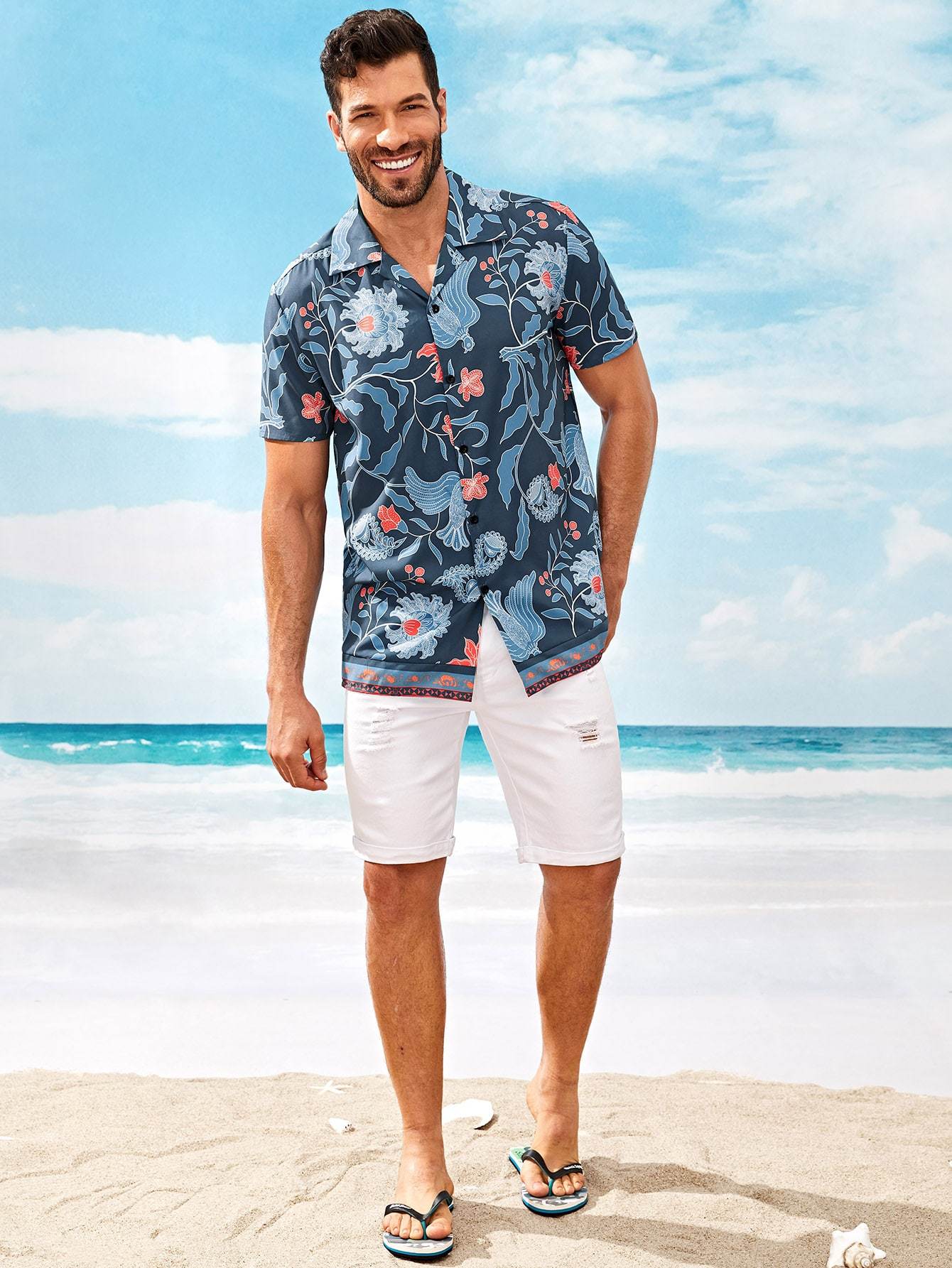 Blue Notched Short Sleeve Floral Print Shirt