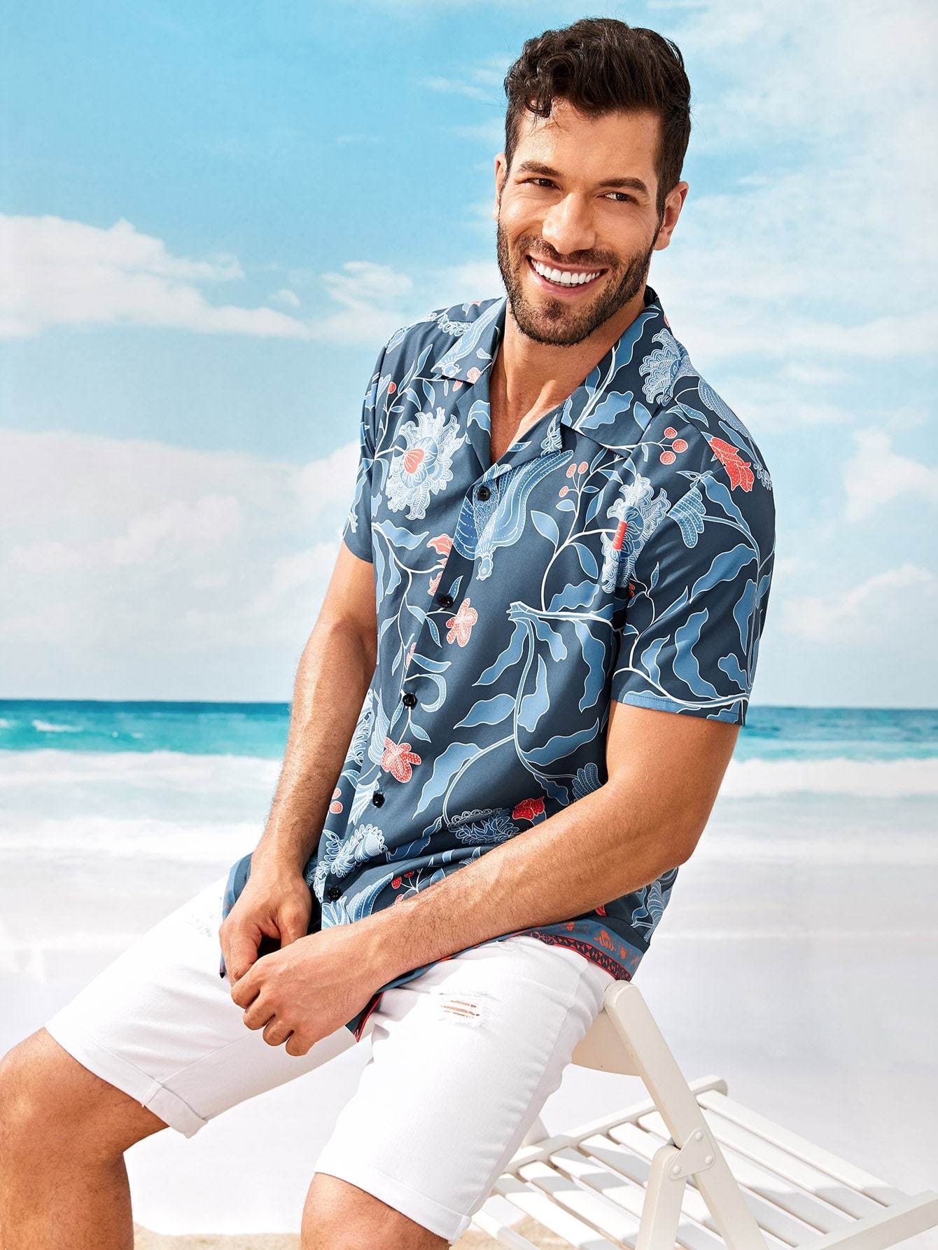 Blue Notched Short Sleeve Floral Print Shirt