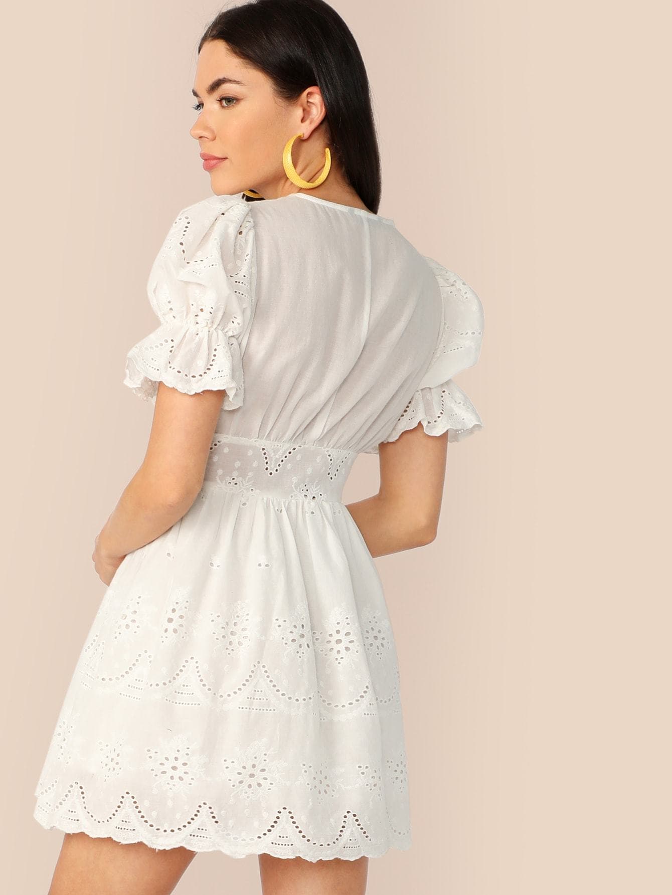 White V Neck Puff Sleeve Button Up Schiffy Dress