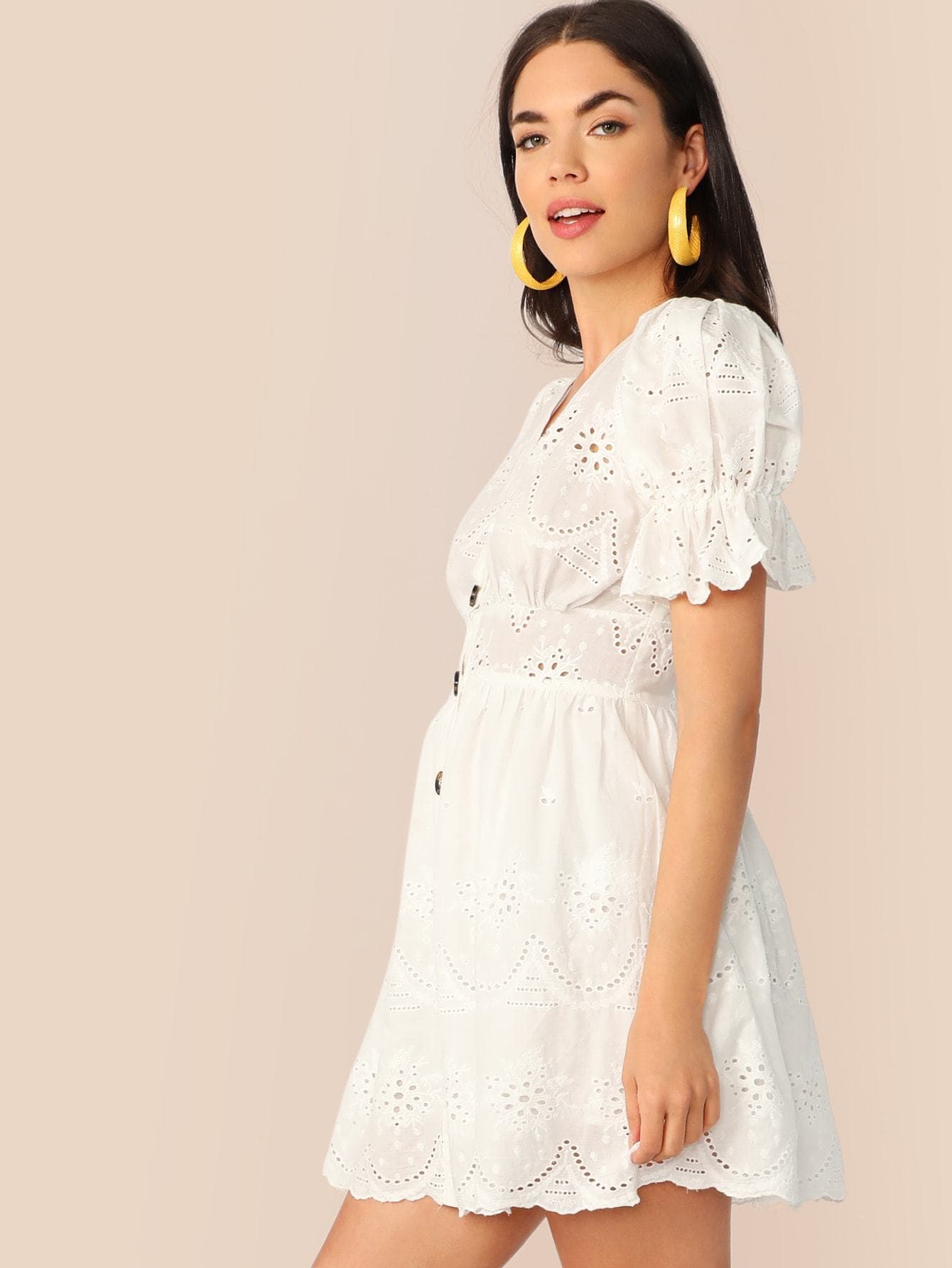 White V Neck Puff Sleeve Button Up Schiffy Dress