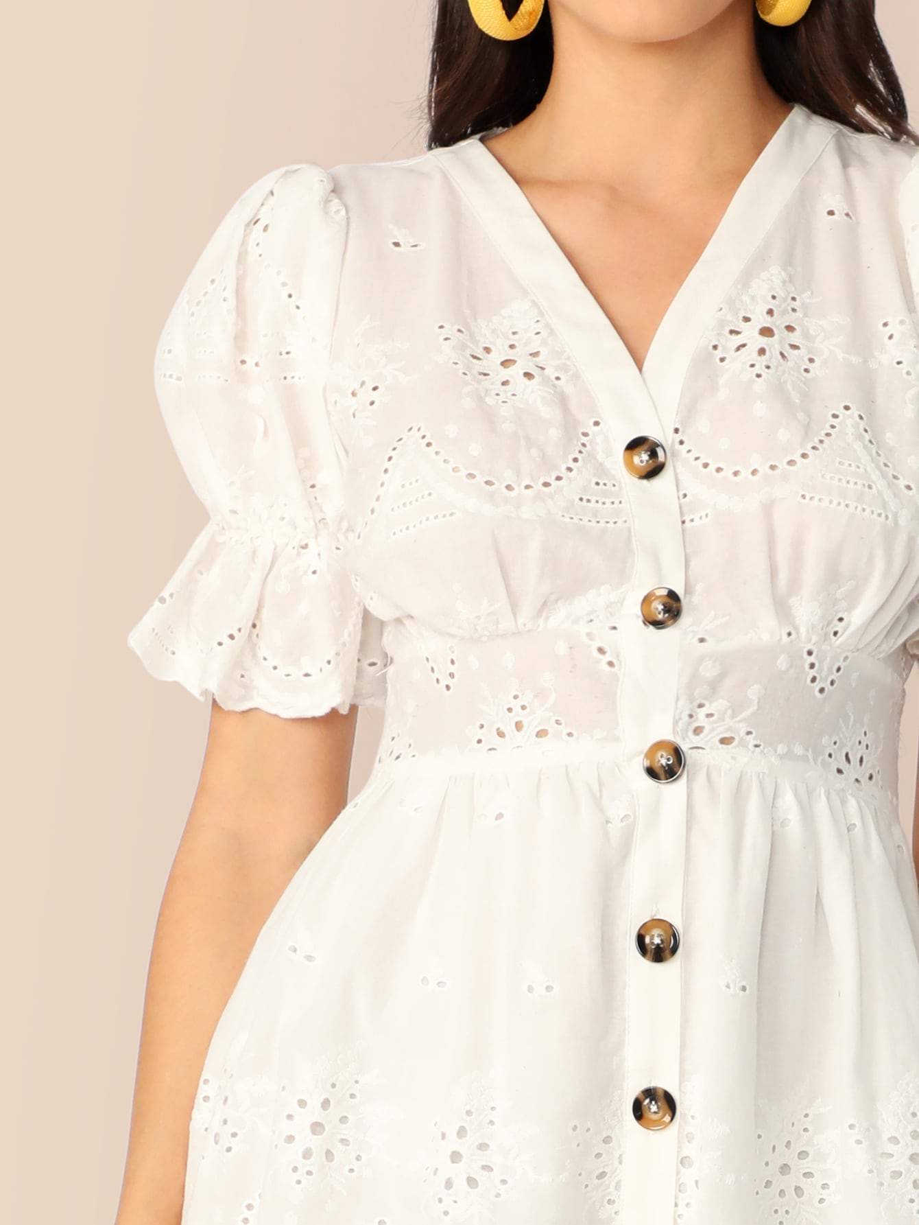 White V Neck Puff Sleeve Button Up Schiffy Dress