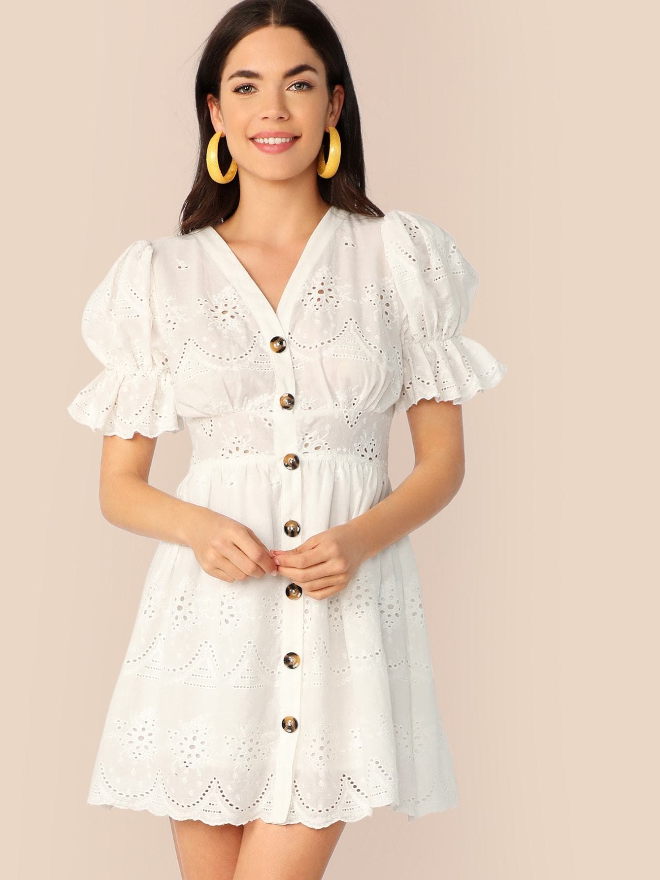 White V Neck Puff Sleeve Button Up Schiffy Dress