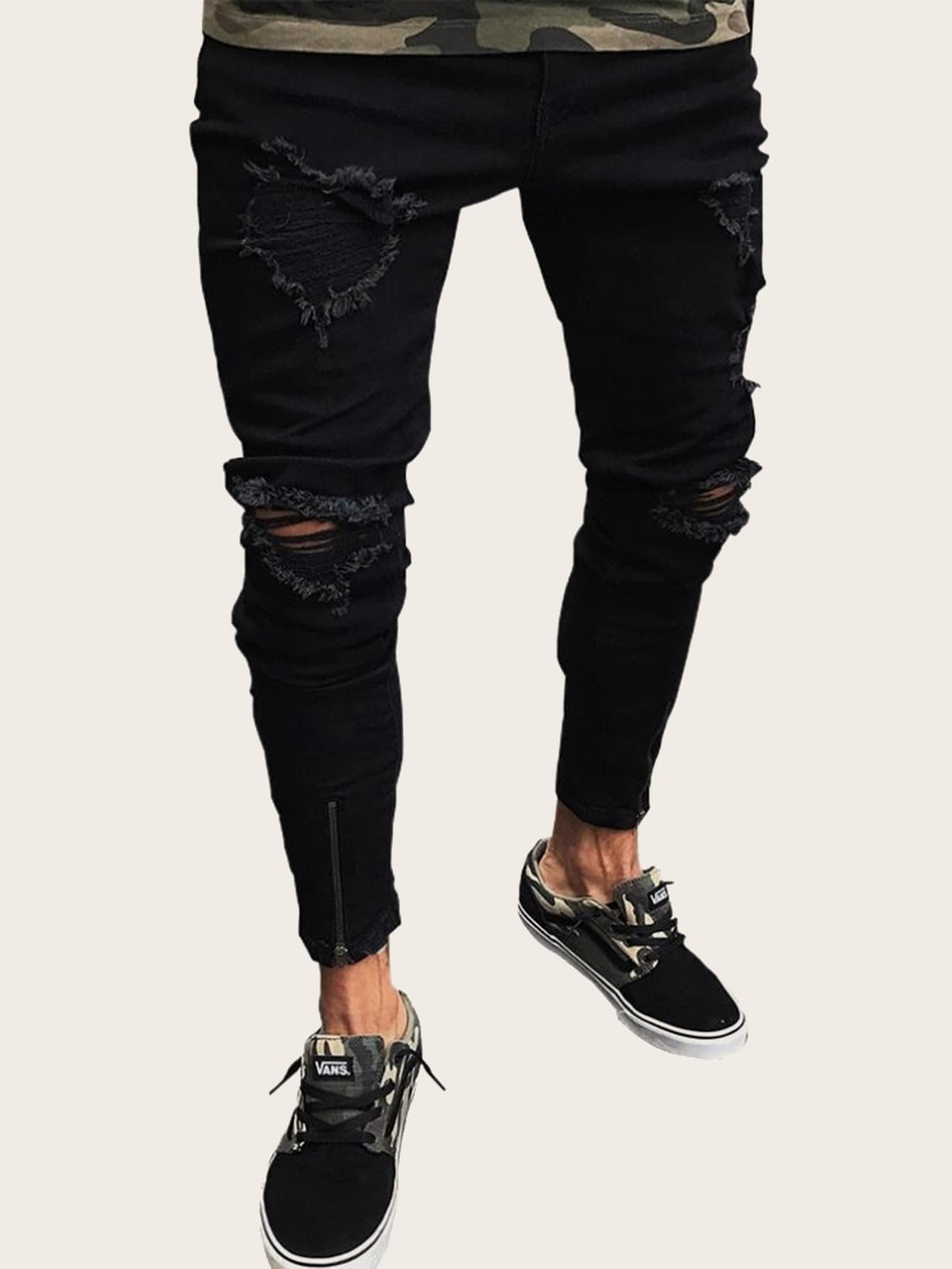 Tapered Button Fly Zip Hem Ripped Skinny Jeans