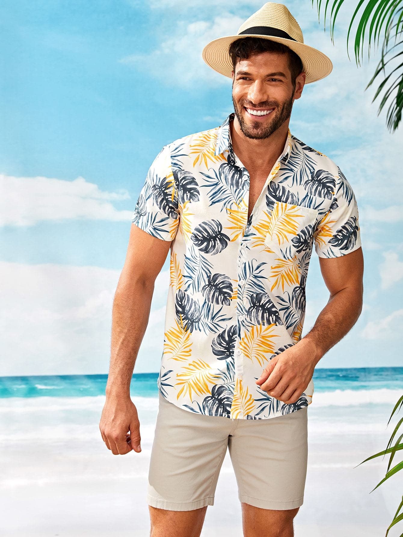 Short Sleeve Tropical Print Curved Hem Shirt