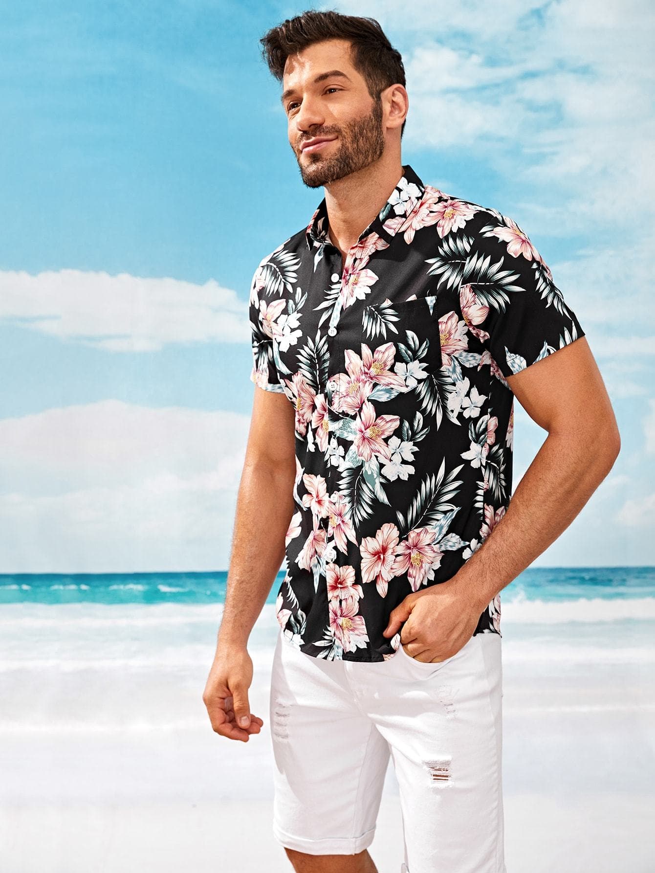 Black Short Sleeve Floral Print Shirt