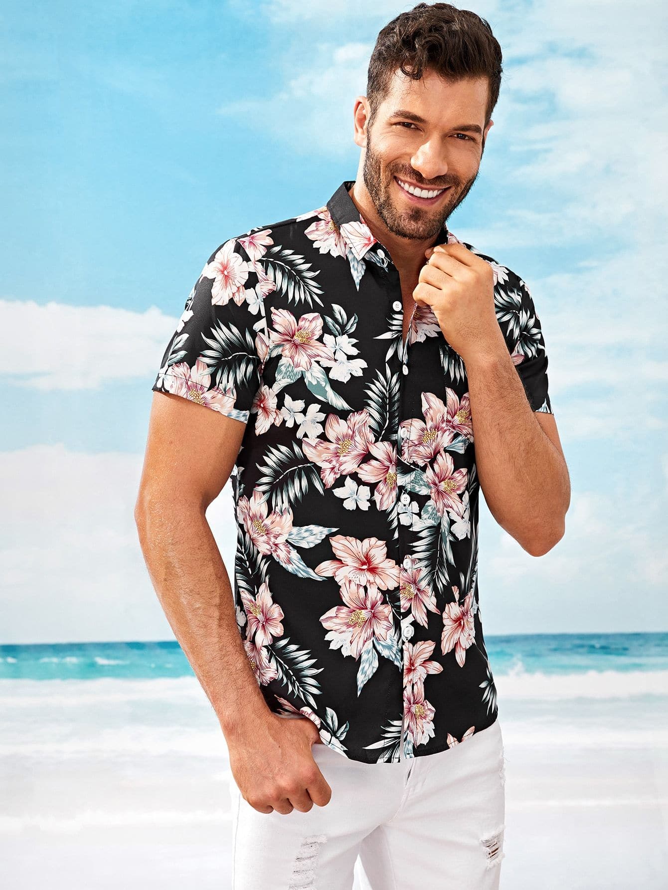 Black Short Sleeve Floral Print Shirt
