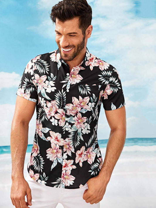 Black Short Sleeve Floral Print Shirt
