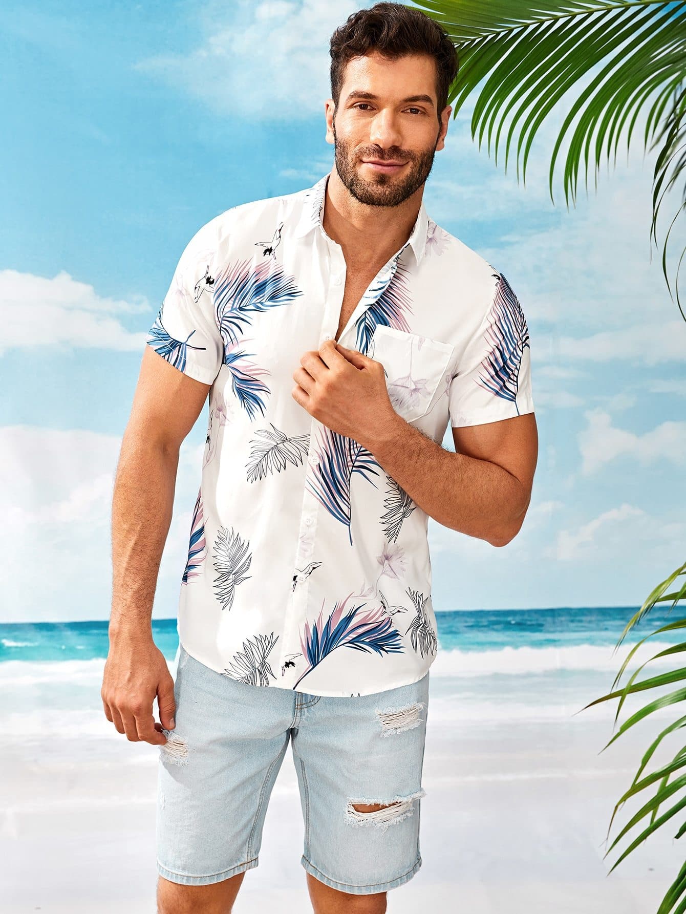 White Short Sleeve Leaf Print Pocket Front Shirt