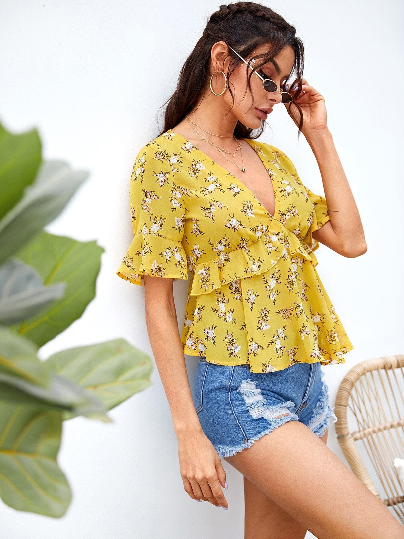 Yellow Short Sleeve Ditsy Floral Deep V-neck Ruffle Trim Babydoll Top