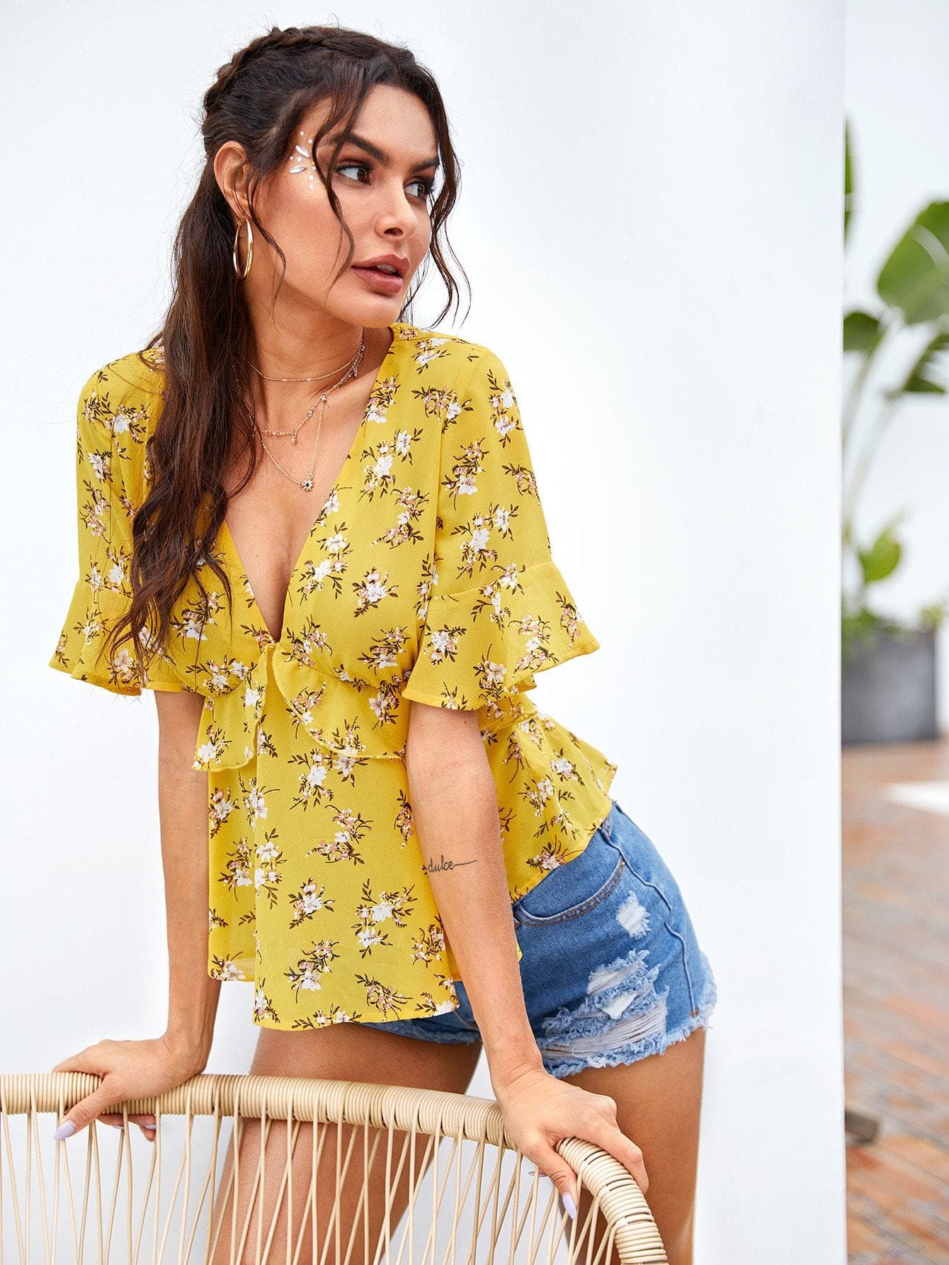 Yellow Short Sleeve Ditsy Floral Deep V-neck Ruffle Trim Babydoll Top