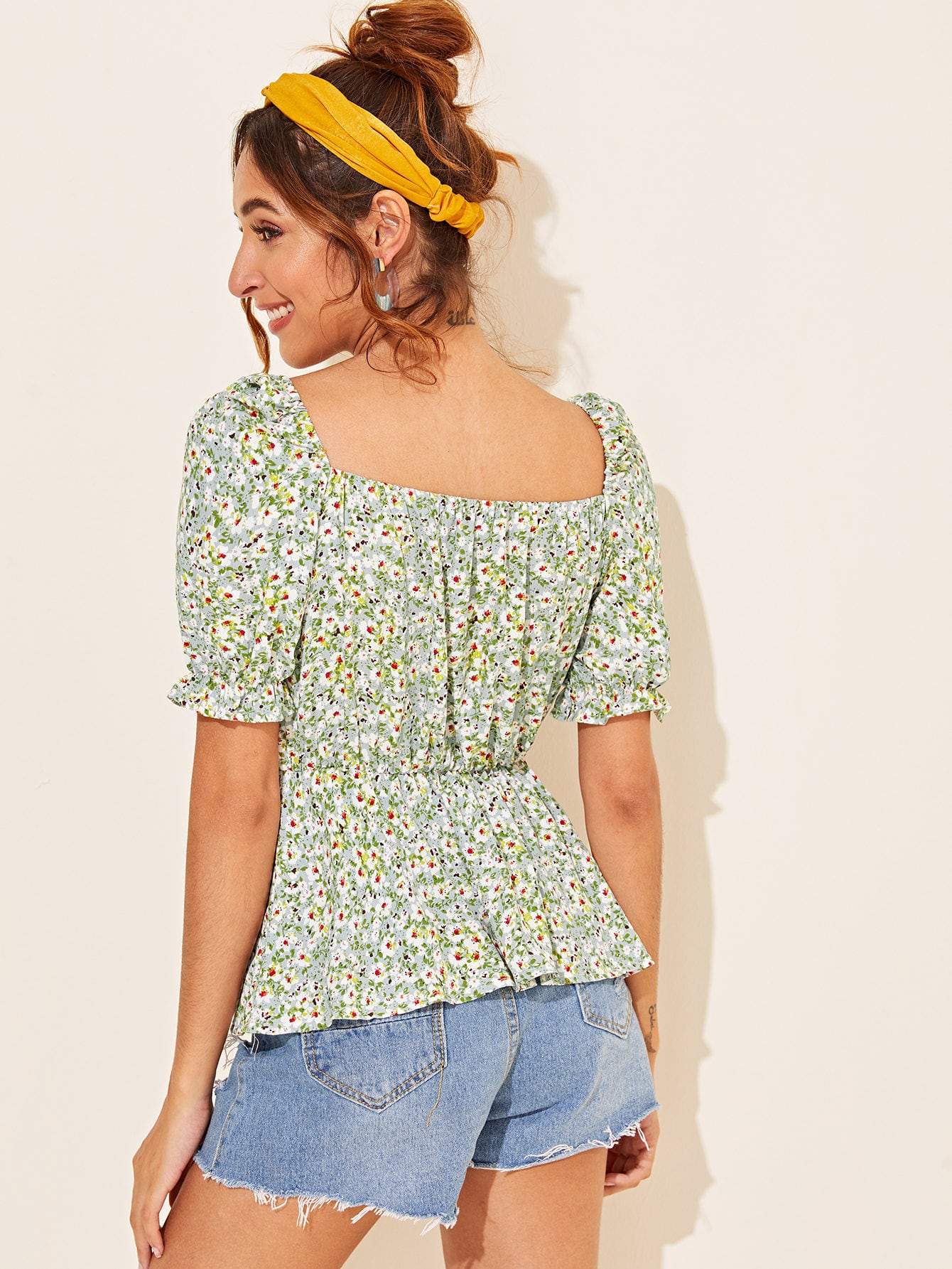 Square Neck Pastel Green Short Sleeve Ditsy Floral Square Neck Smock Top