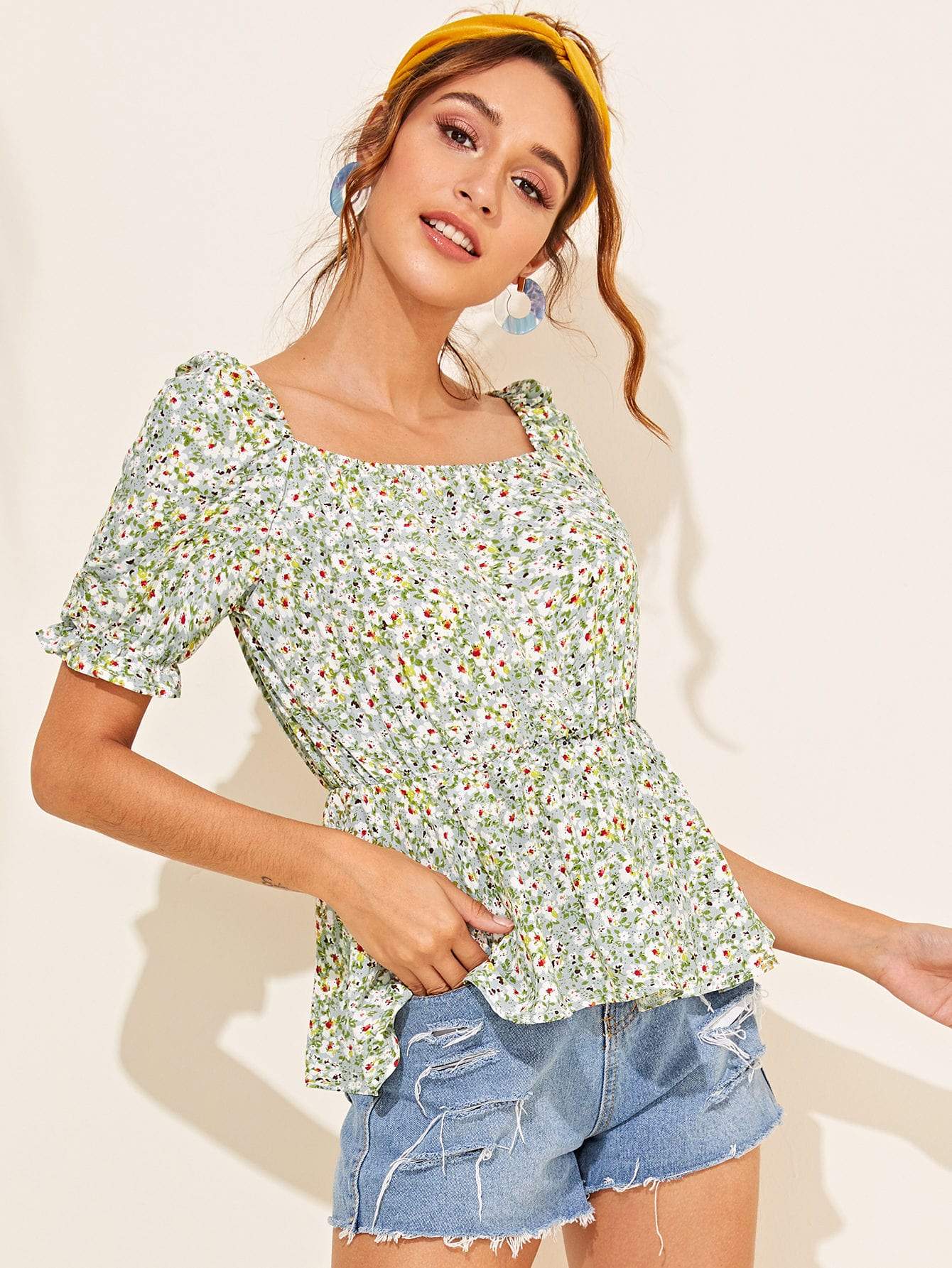 Square Neck Pastel Green Short Sleeve Ditsy Floral Square Neck Smock Top