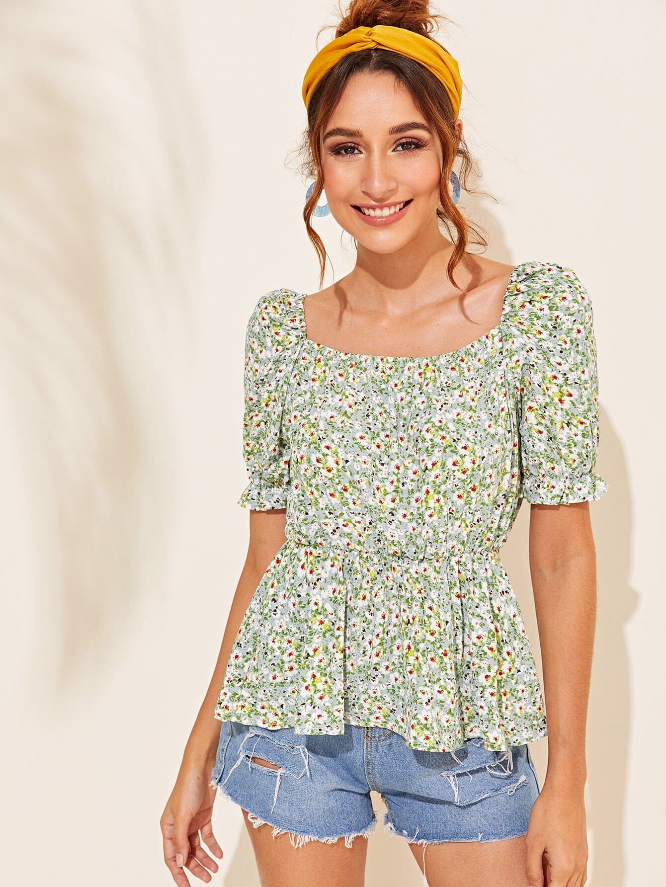 Square Neck Pastel Green Short Sleeve Ditsy Floral Square Neck Smock Top