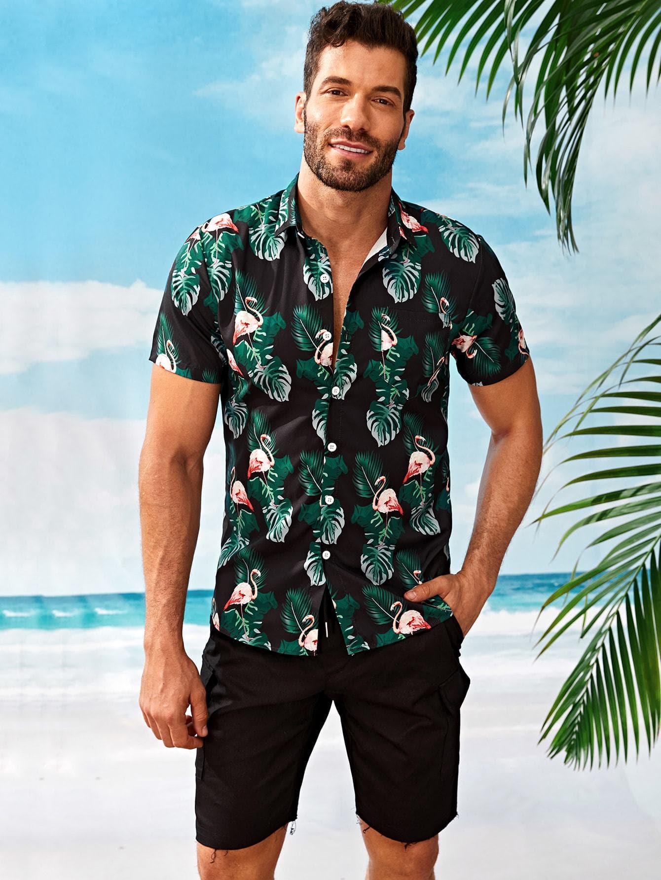 Black Short Sleeve Tropical & Flamingo Print Shirt