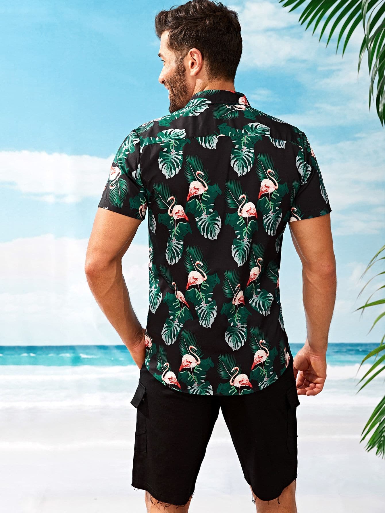 Black Short Sleeve Tropical & Flamingo Print Shirt