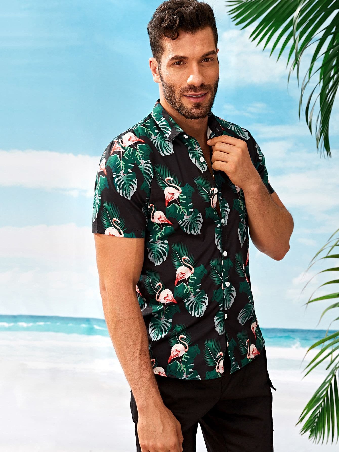 Black Short Sleeve Tropical & Flamingo Print Shirt