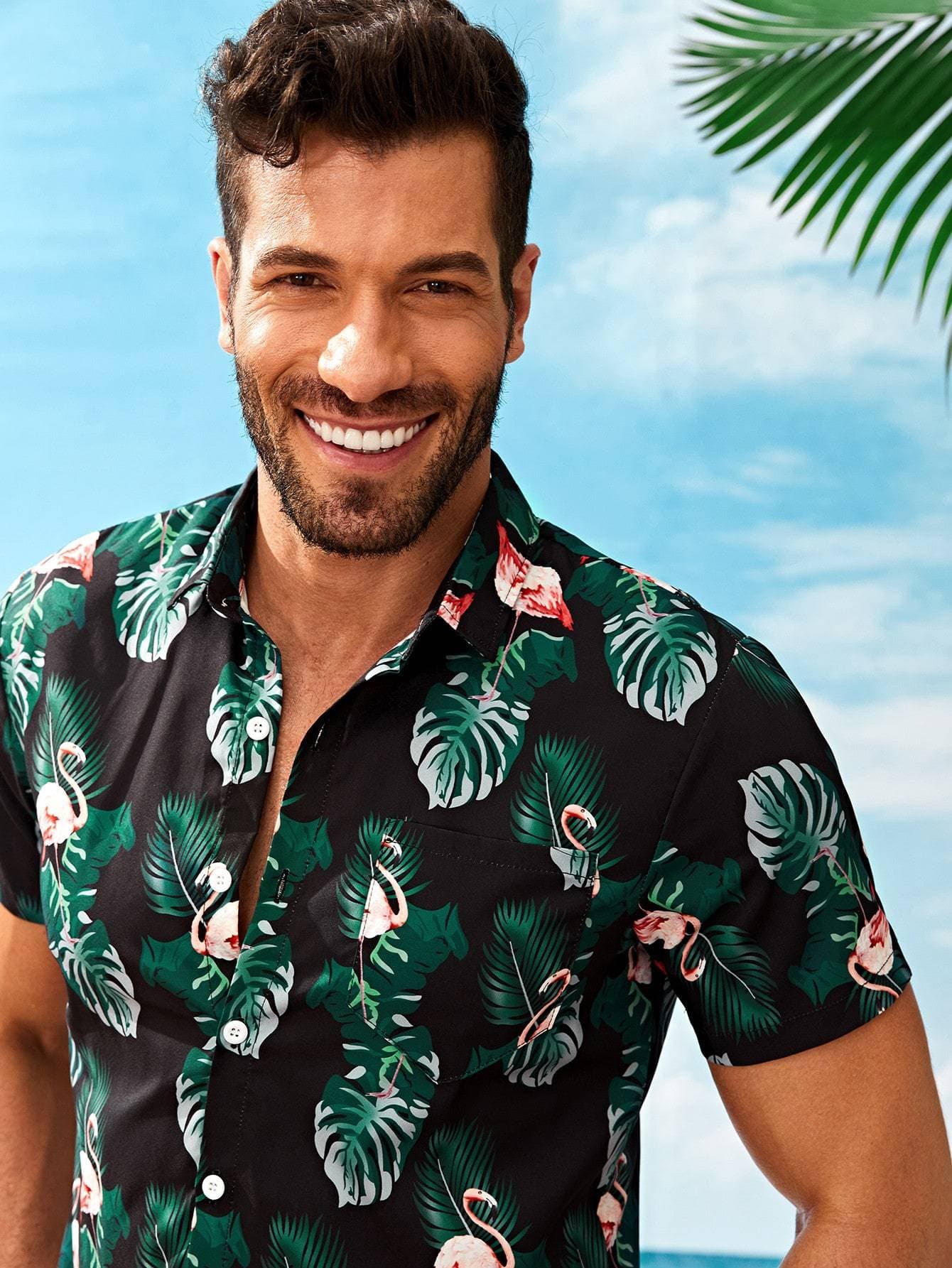 Black Short Sleeve Tropical & Flamingo Print Shirt