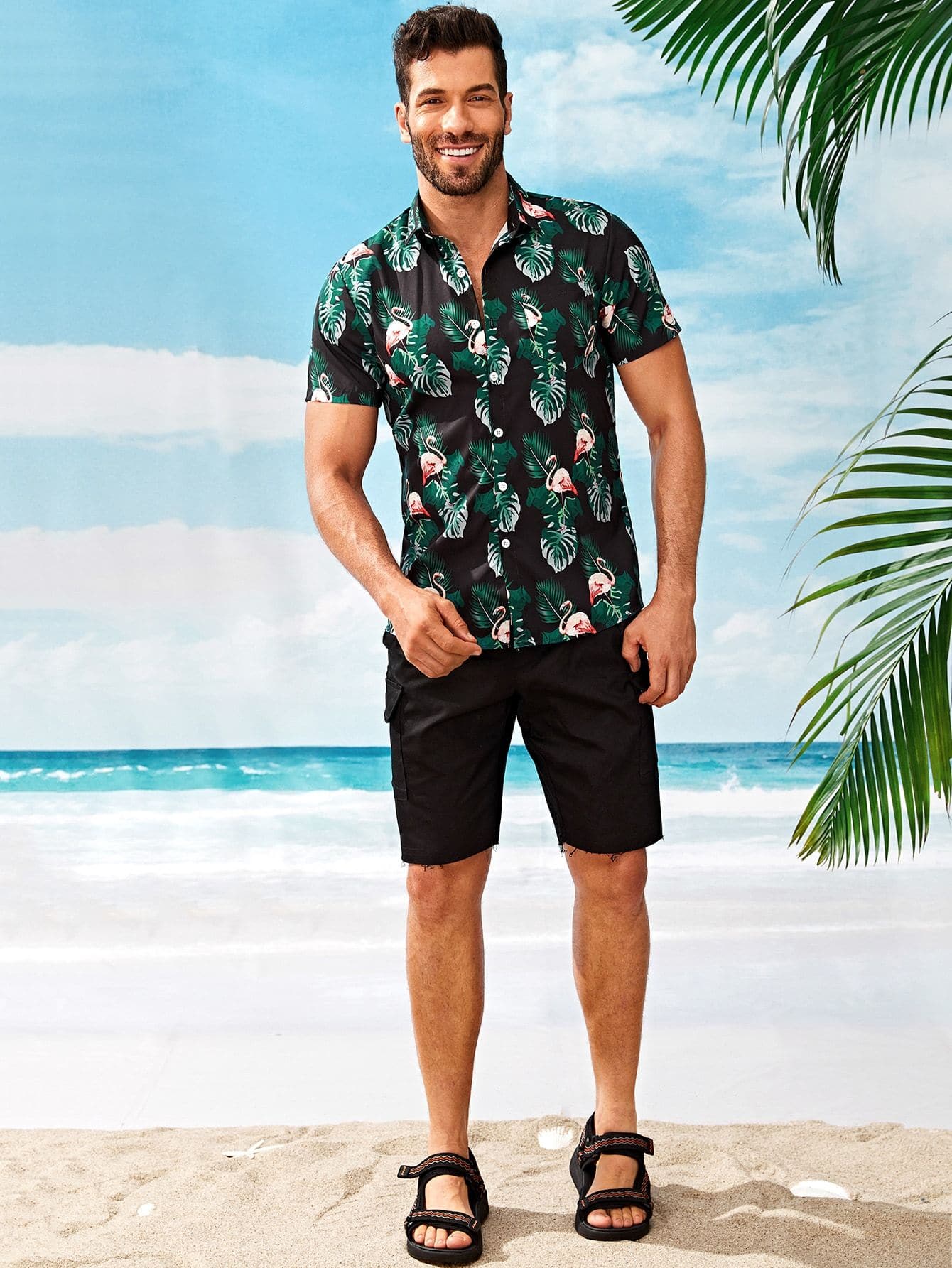 Black Short Sleeve Tropical & Flamingo Print Shirt