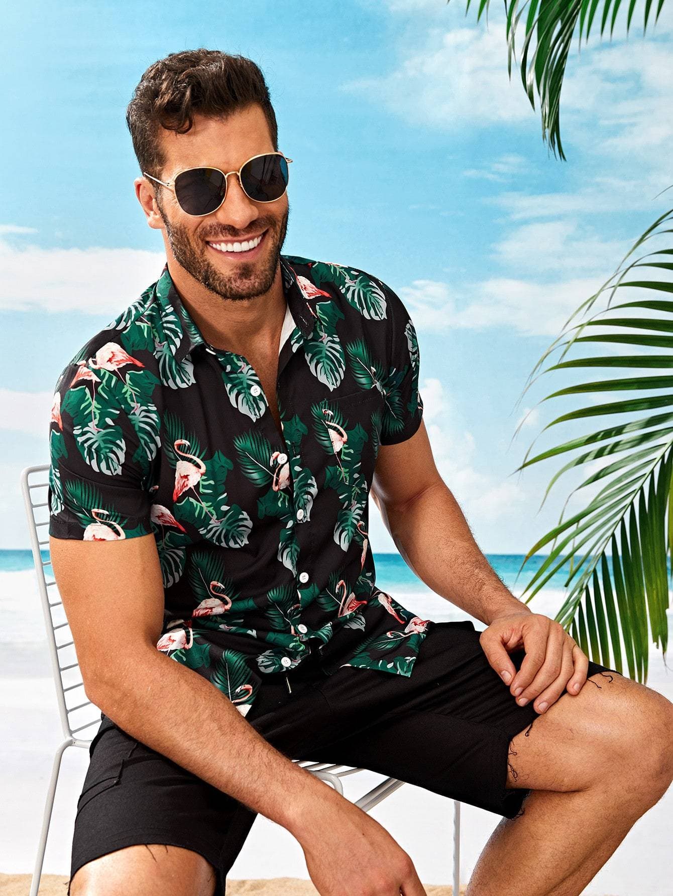 Black Short Sleeve Tropical & Flamingo Print Shirt