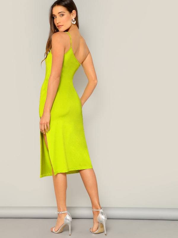 Sleeveless One Shoulder Split Thigh Form Fitted Dress - Green