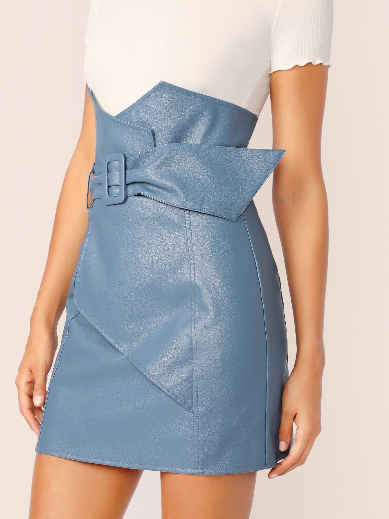 Notch High Waist Leather Look Buckle Belted Skirt